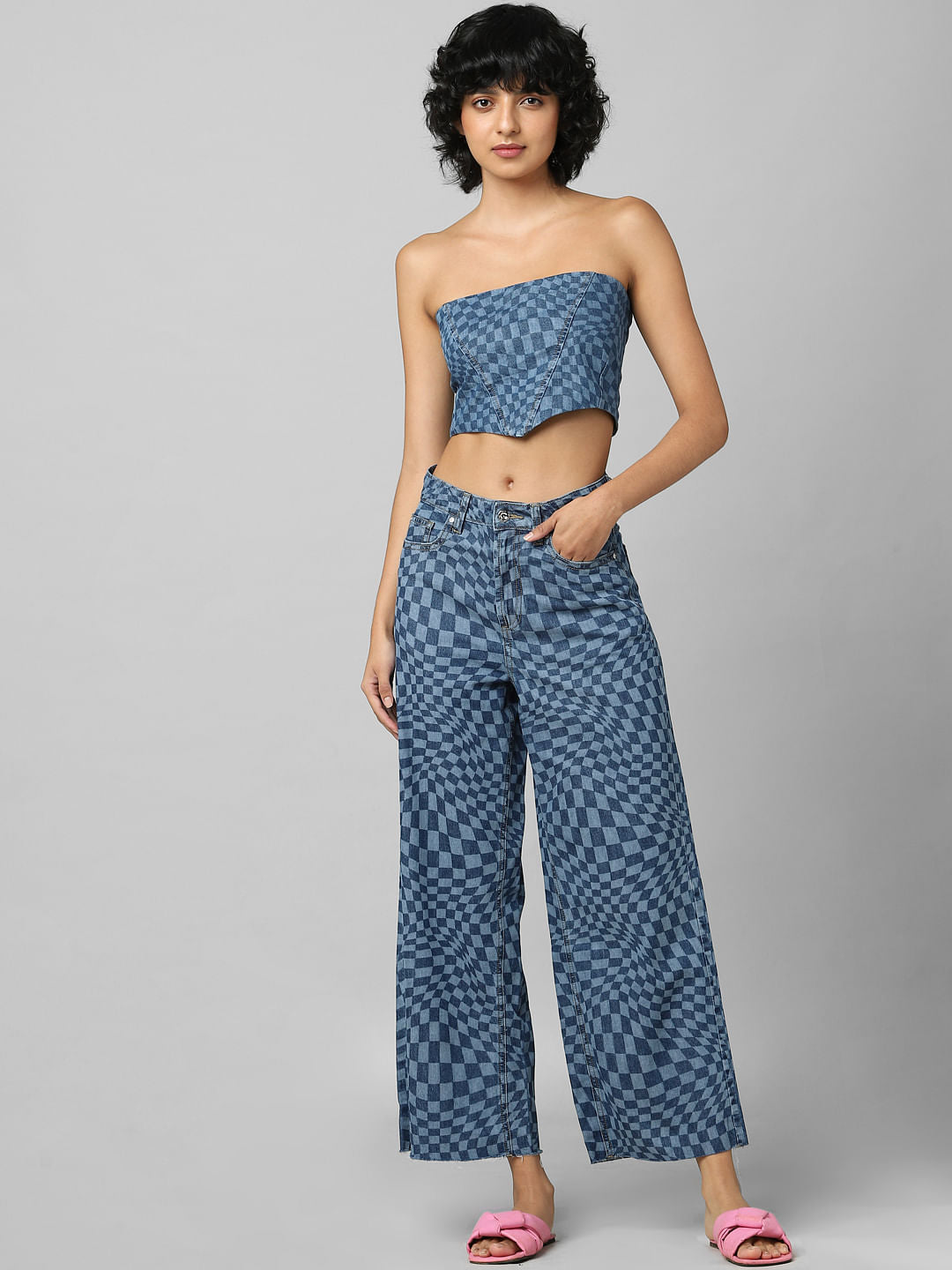 Blue Printed Denim Co-Ord Corset
