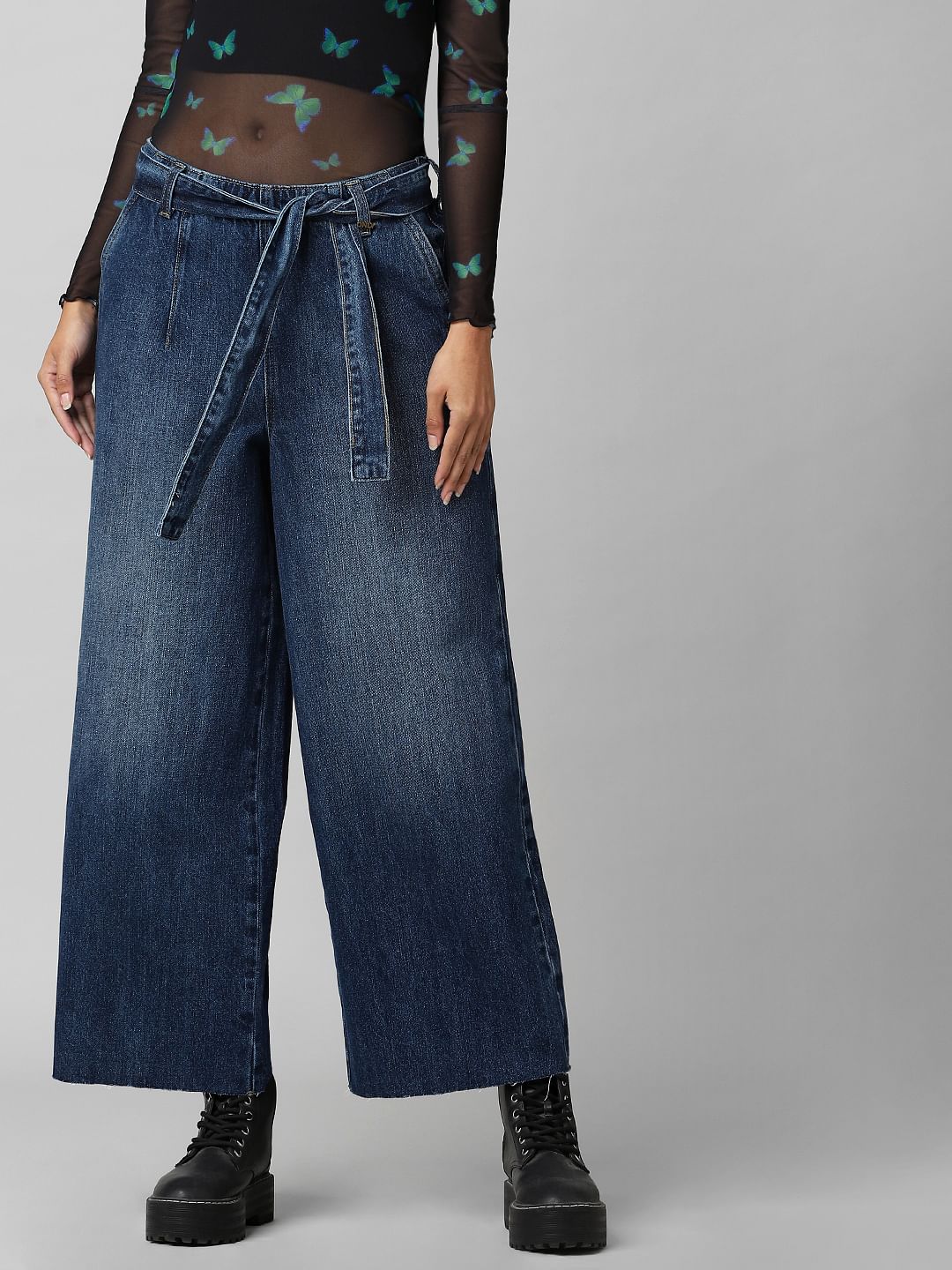 Blue Mid Rise Wide Leg Belted Jeans