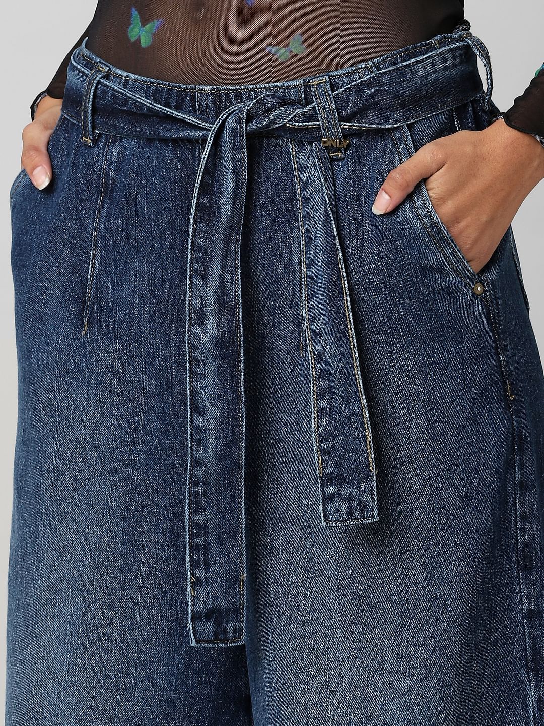 Blue Mid Rise Wide Leg Belted Jeans