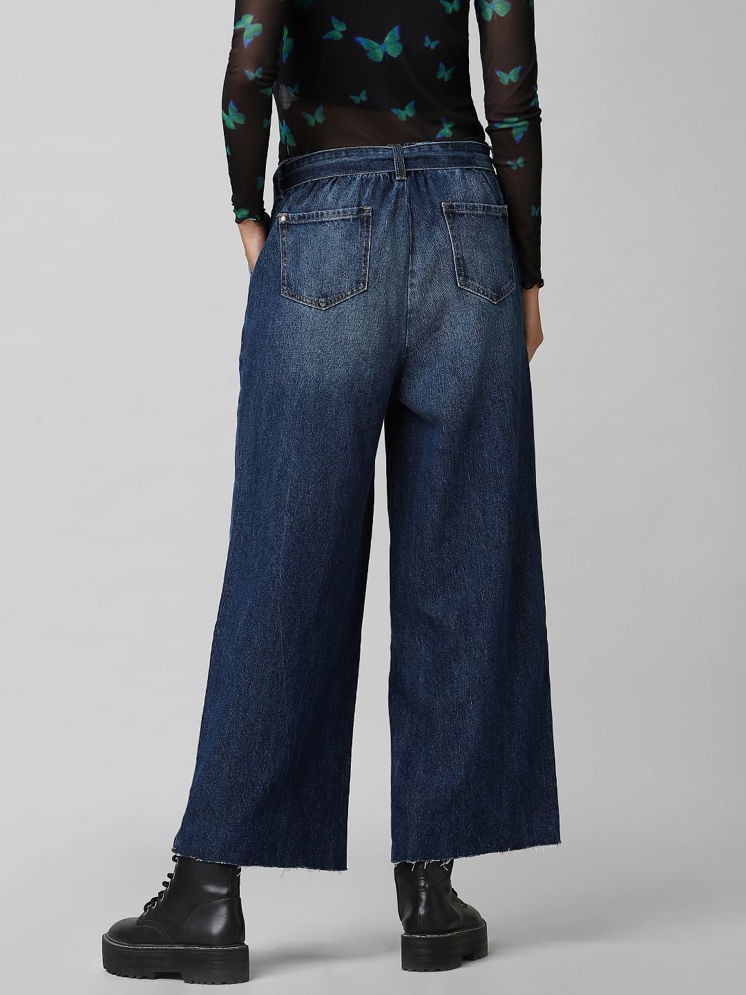 Blue Mid Rise Wide Leg Belted Jeans