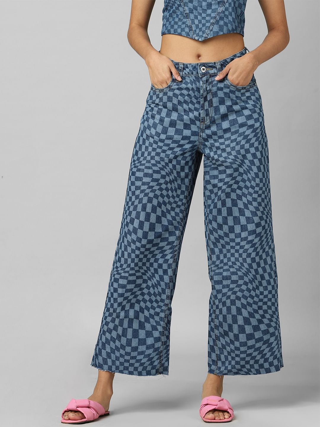 Blue Mid Rise Illusion Print Wide Leg Jeans