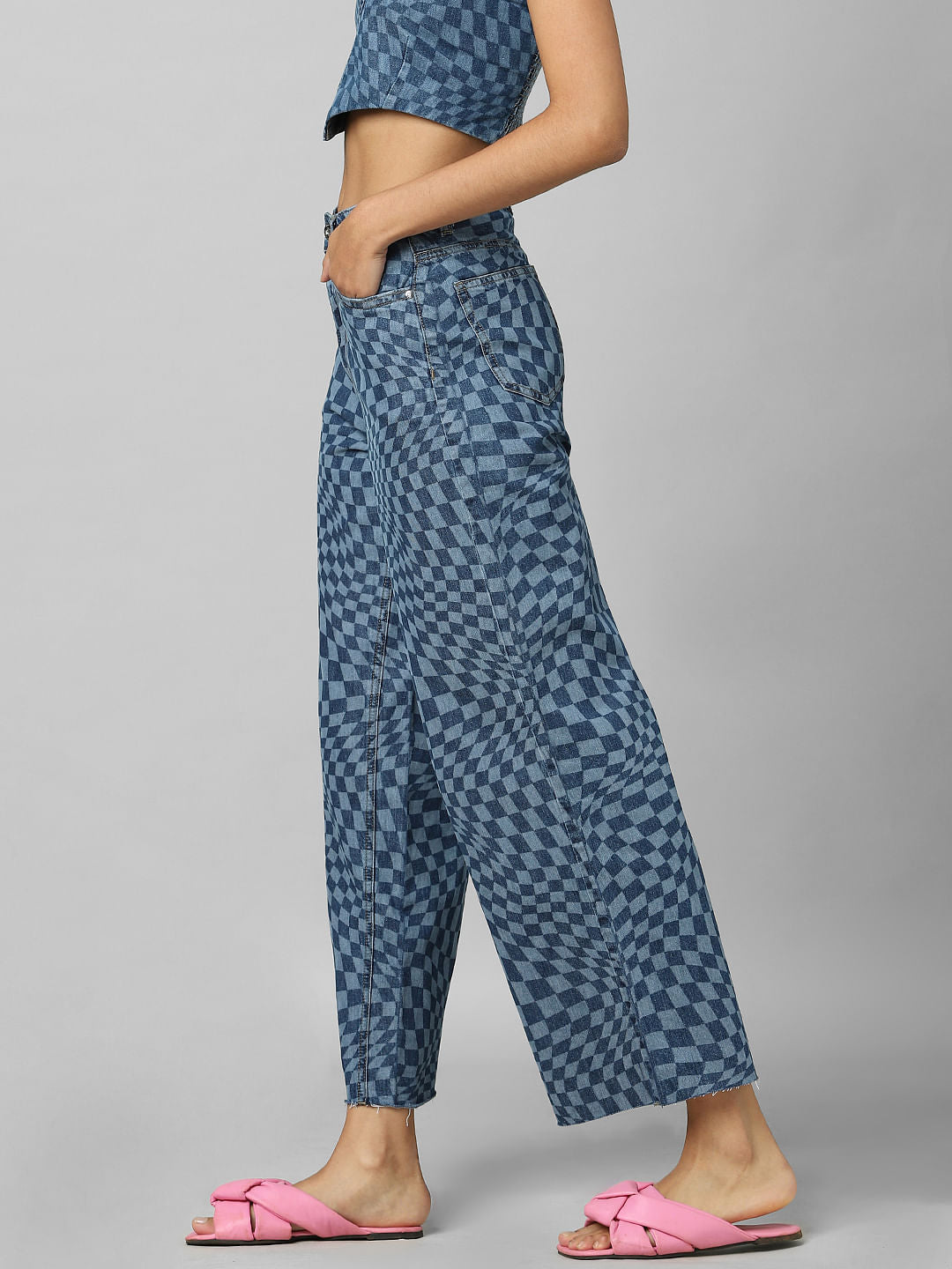 Blue Mid Rise Illusion Print Wide Leg Jeans