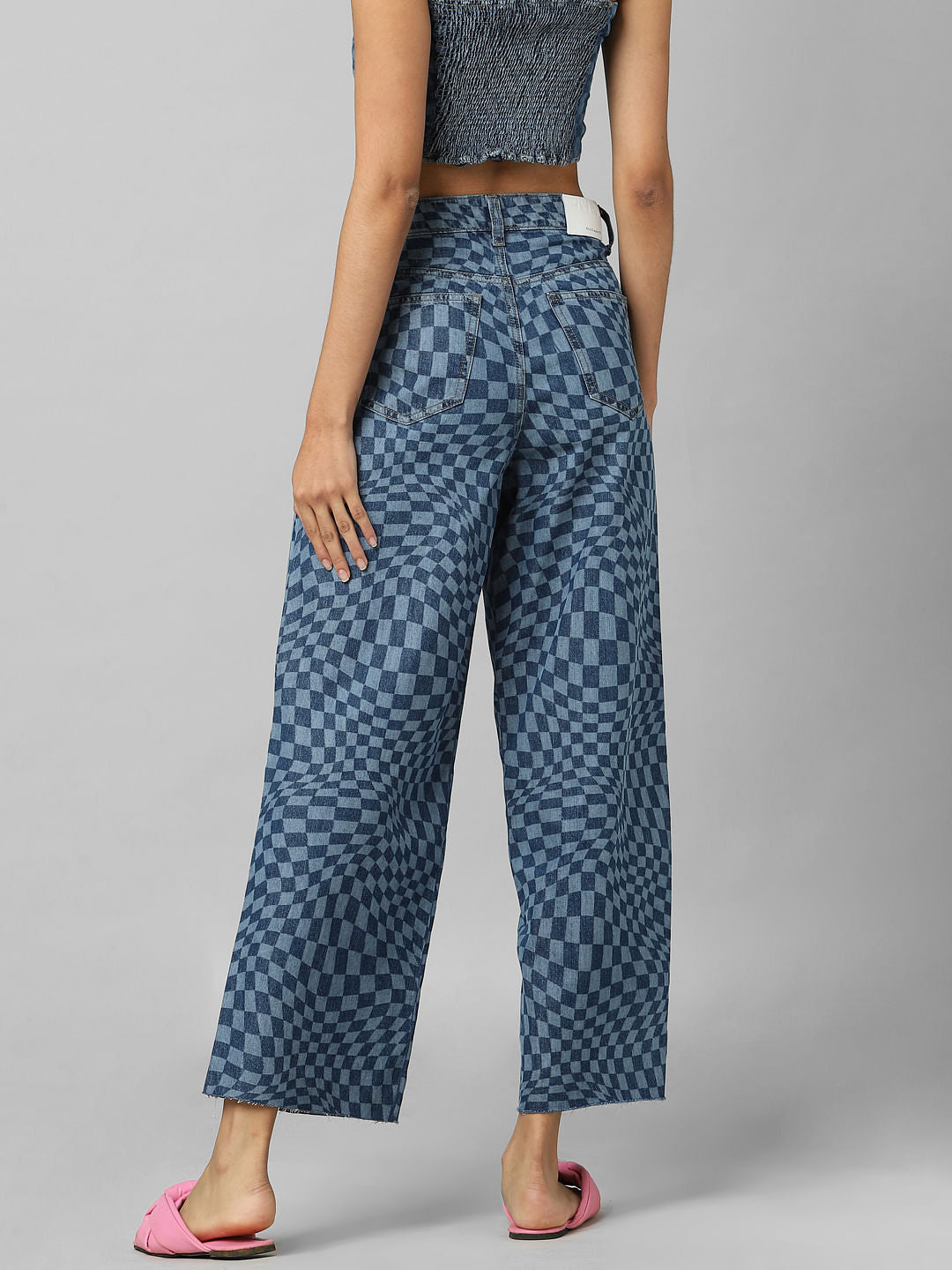 Blue Mid Rise Illusion Print Wide Leg Jeans