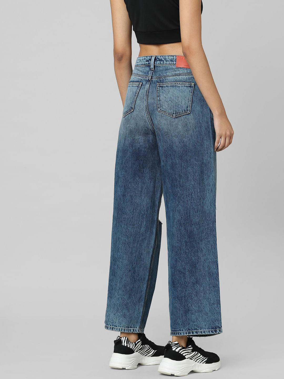 Blue High Rise Distressed Wide Leg Jeans