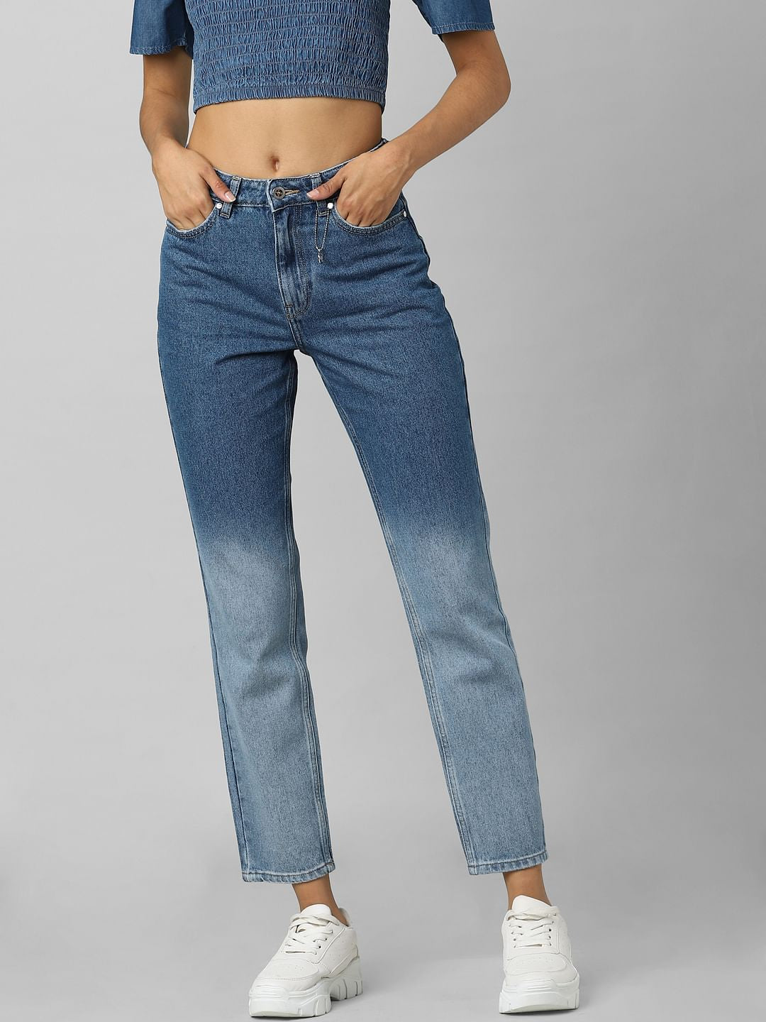 Blue Mid Rise Tie Dye Straight Jeans