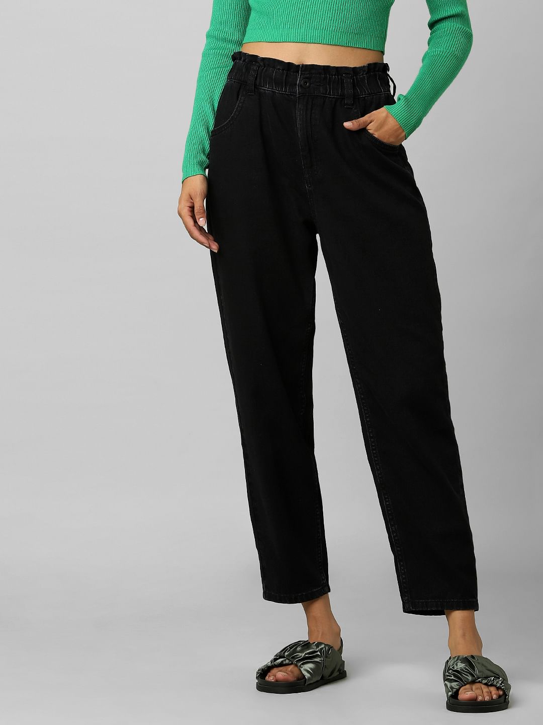 Black High Rise Paperbag Carrot Fit Jeans