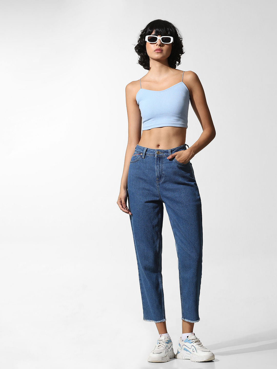 Blue High Rise Dual Toned Mom Jeans