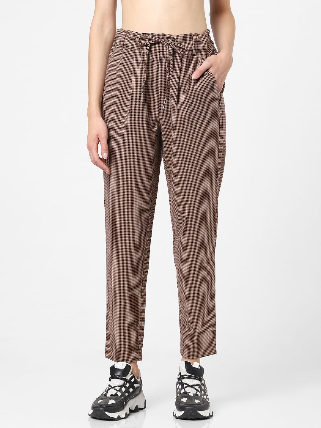 Brown Check Straight Leg Trousers