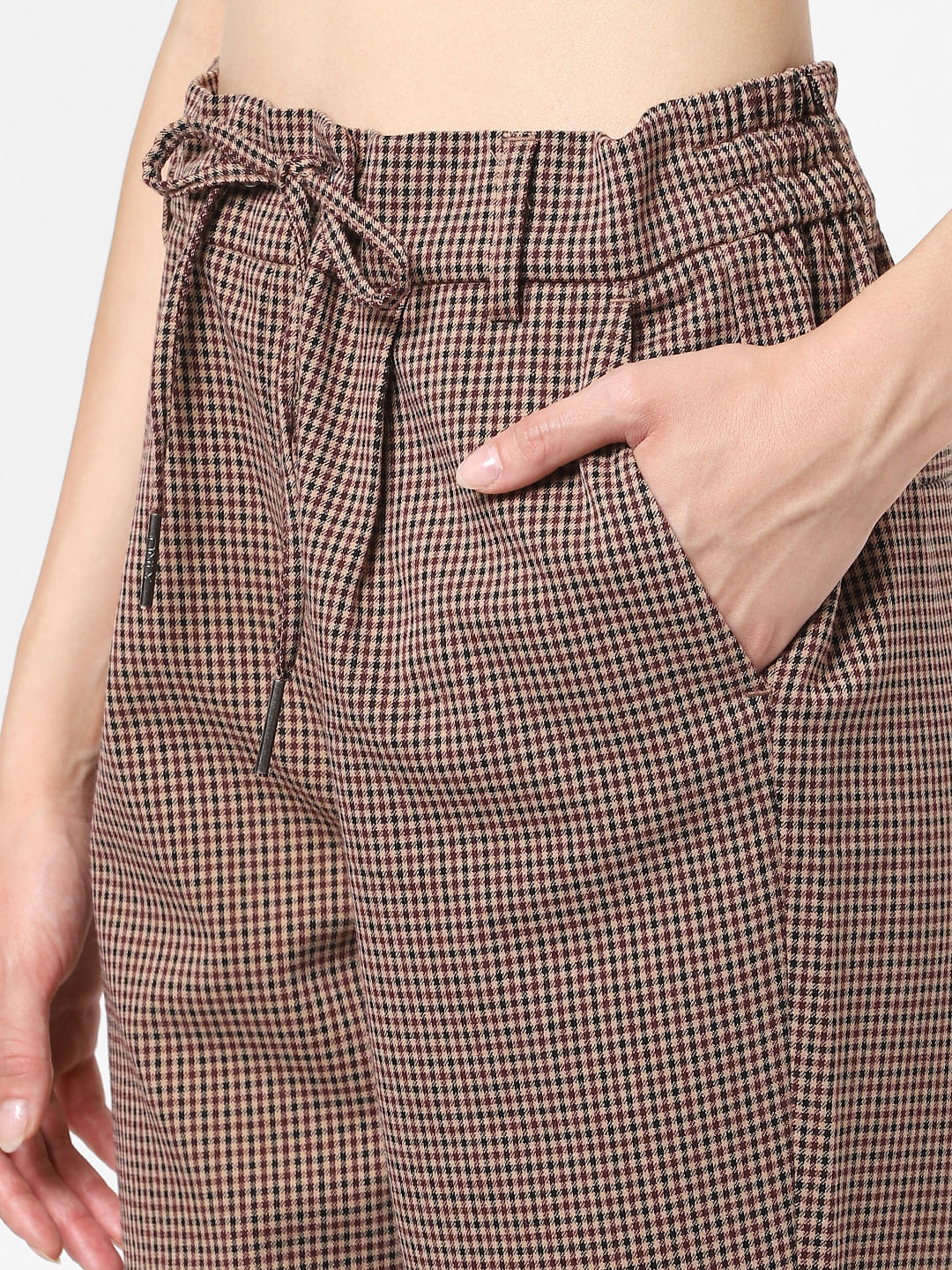 Brown Check Straight Leg Trousers