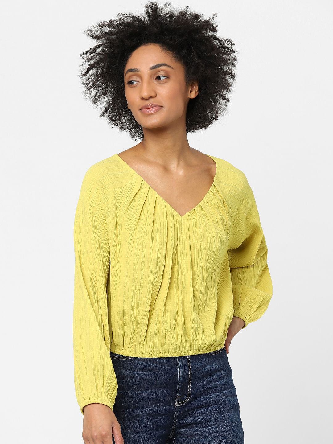 Yellow V Neck Textured Top