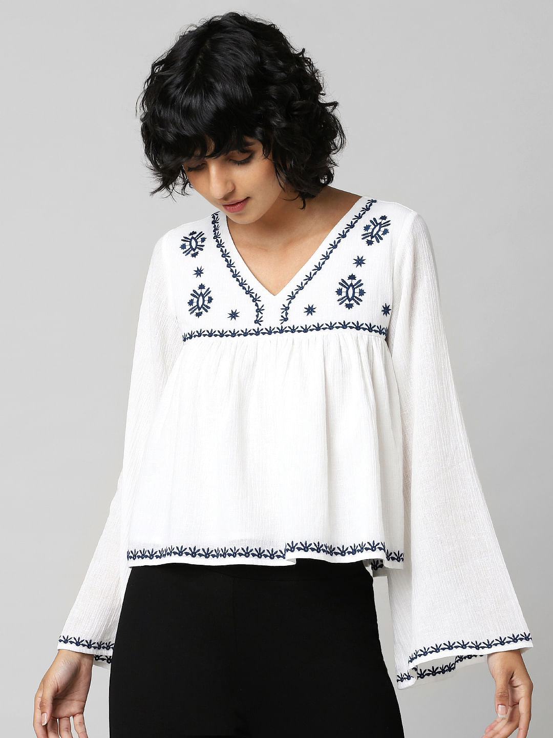 White Embroidered Wide Sleeves Top