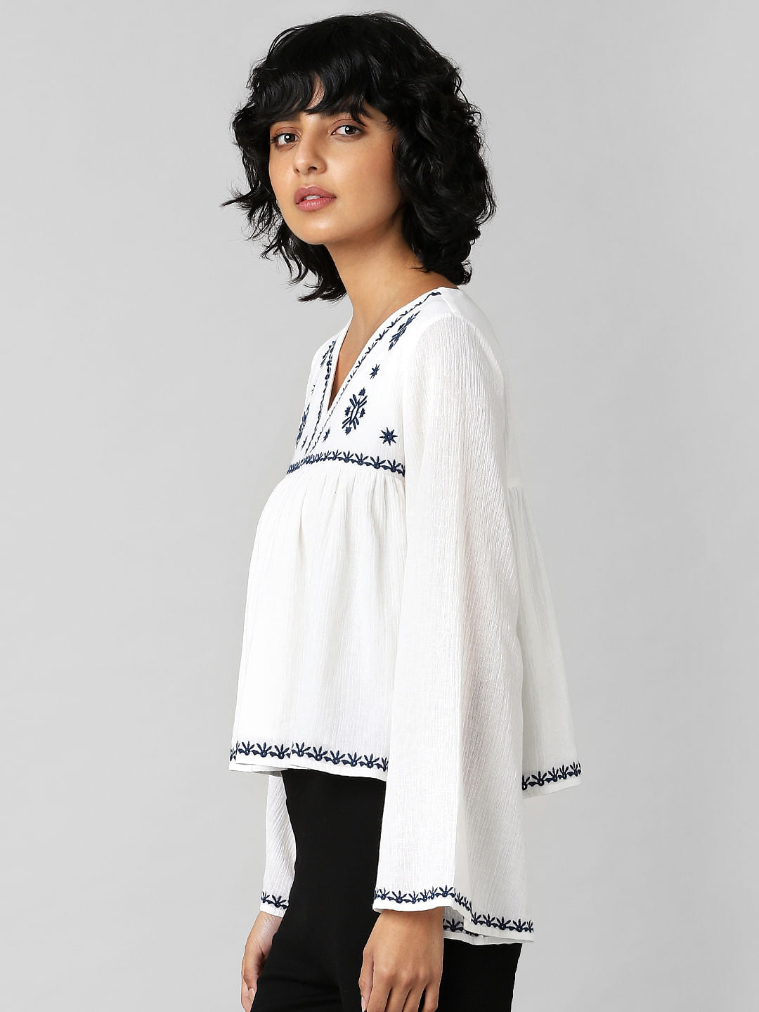 White Embroidered Wide Sleeves Top