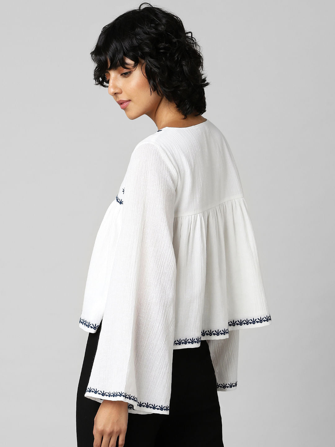 White Embroidered Wide Sleeves Top