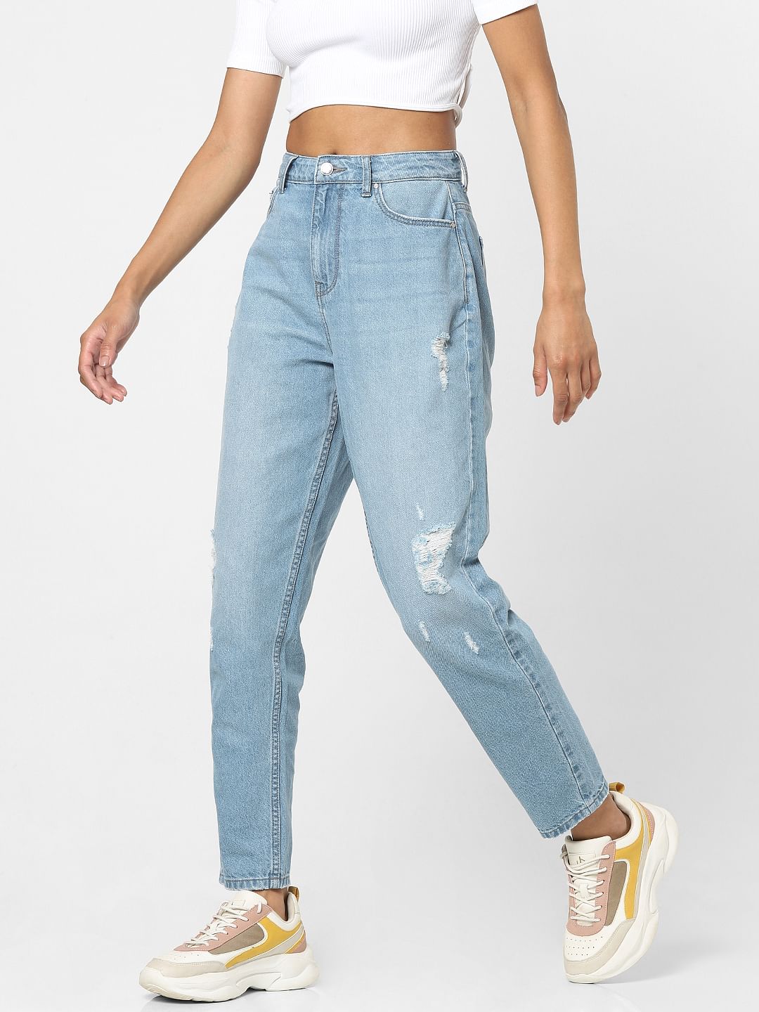 Blue High Rise Ripped Mom Jeans
