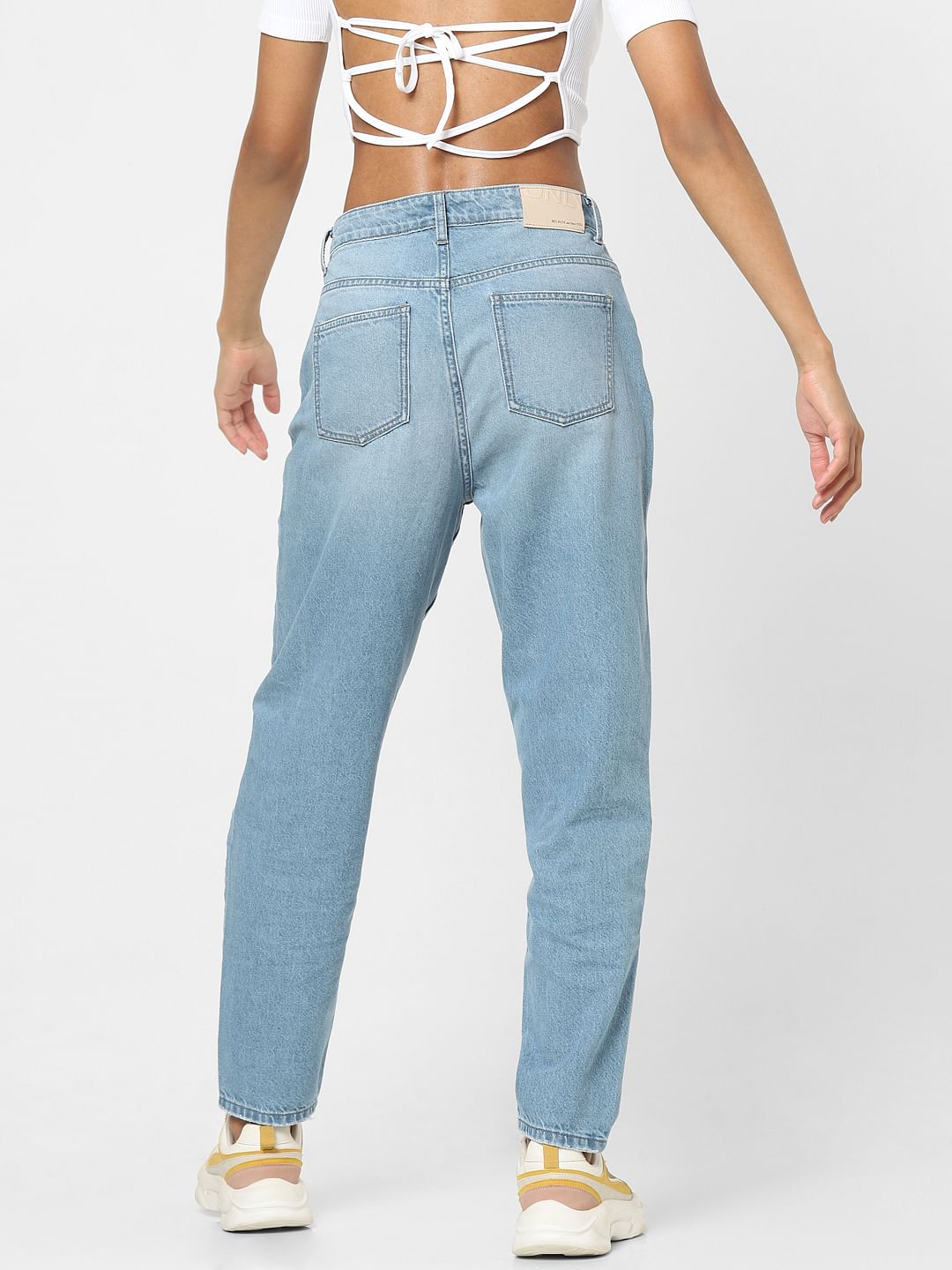 Blue High Rise Ripped Mom Jeans