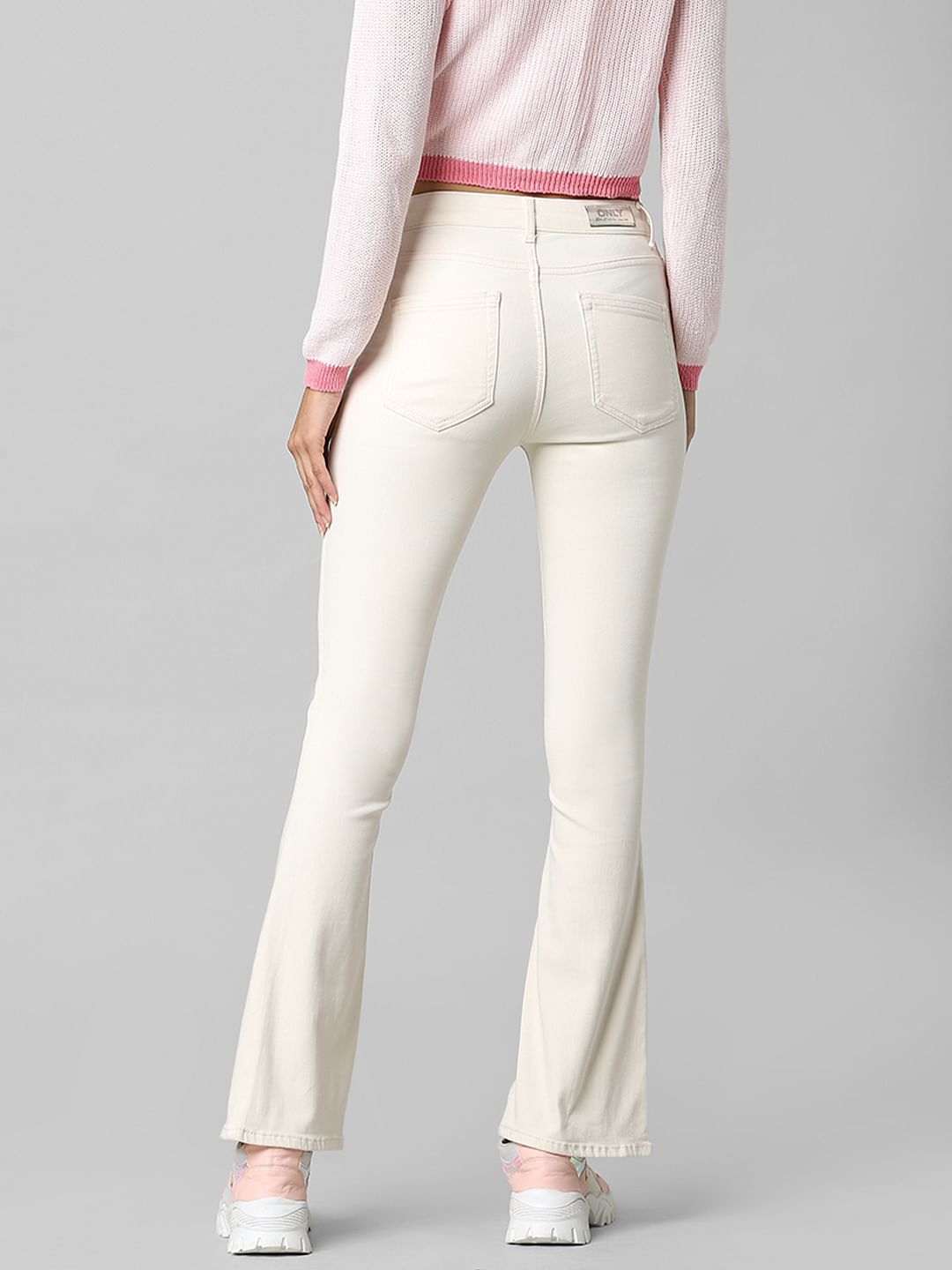 Beige Mid Rise Flared Jeans