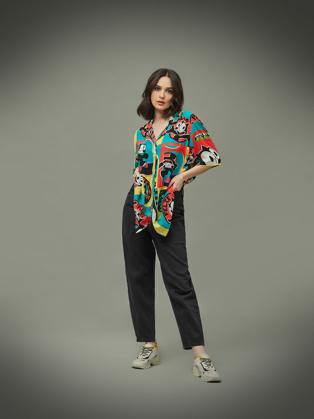 Only X Felix The Cat Black Colourblocked Unisex Shirt