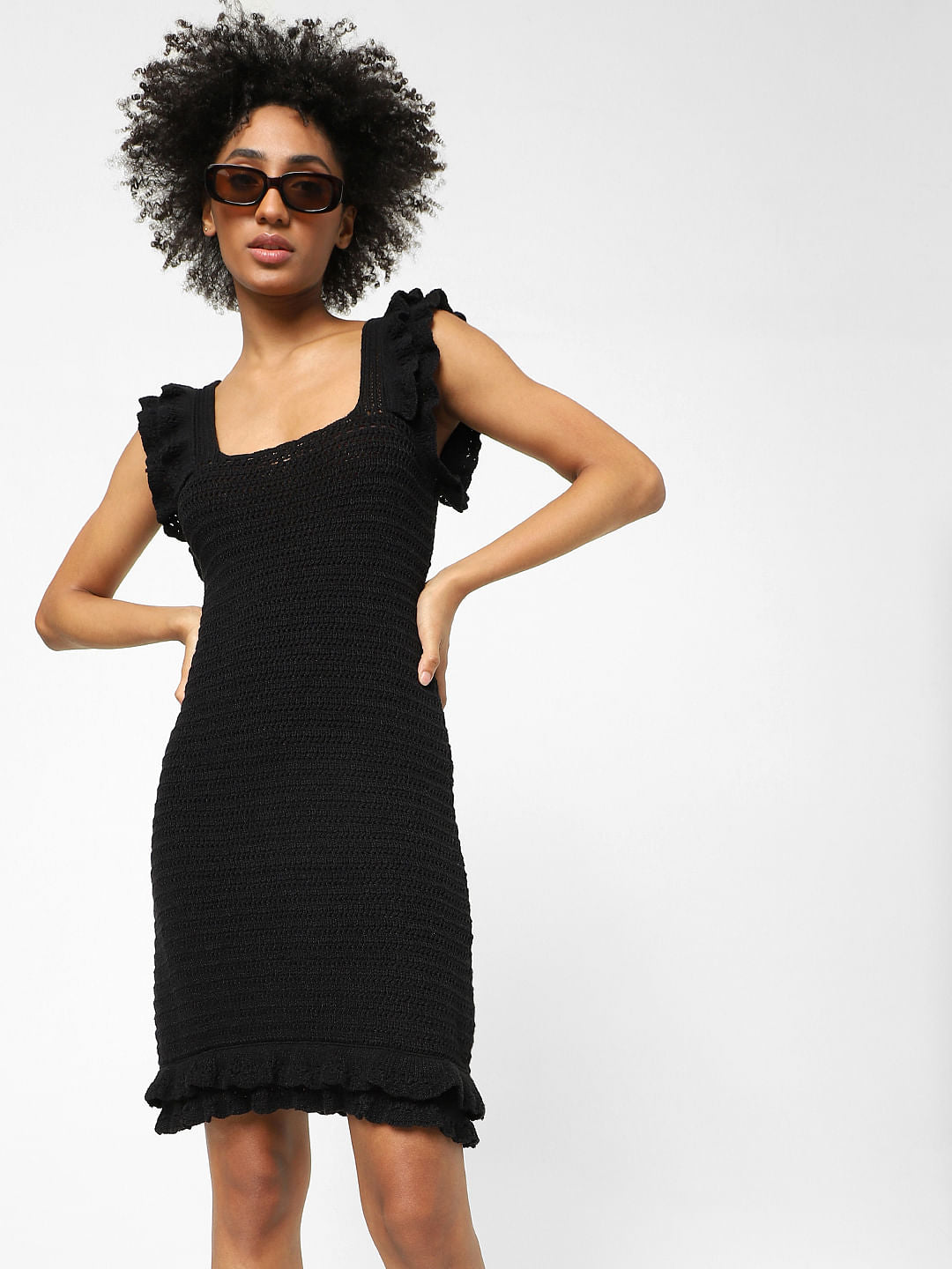 Black Crochet Mini Bodycon Dress