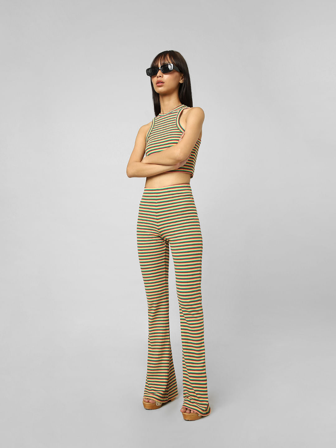 Yellow High Rise Striped Co-Ord Pants