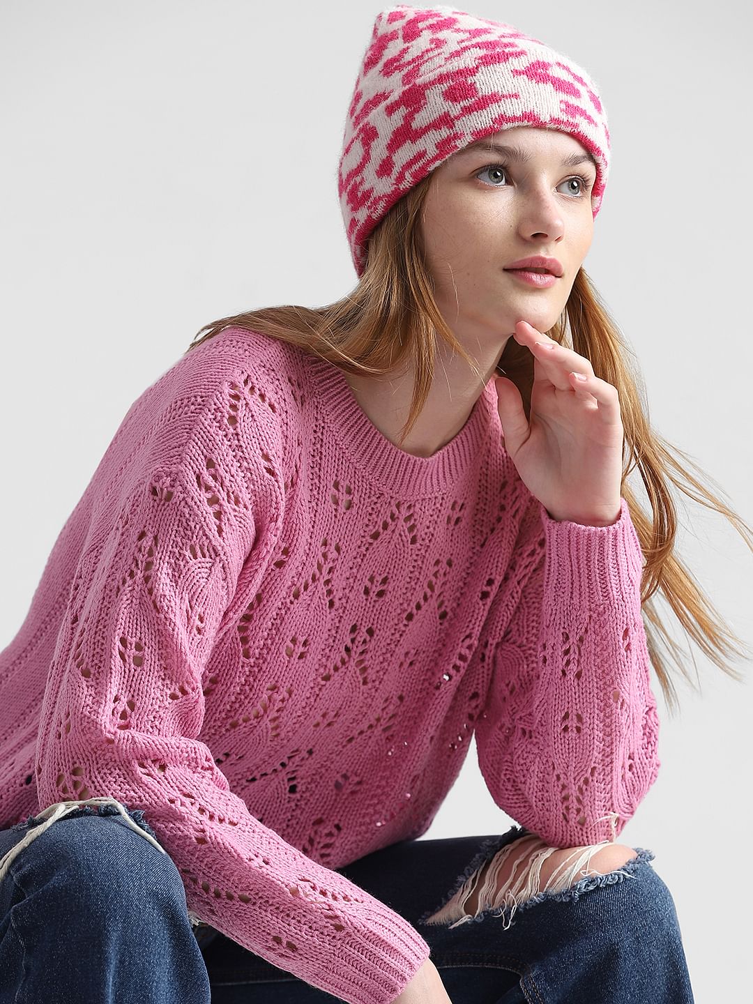 Pink Pointelle Knit Pullover