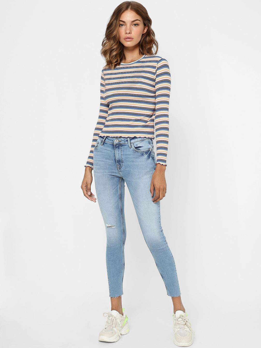 Blue Mid Rise Ripped Skinny Jeans