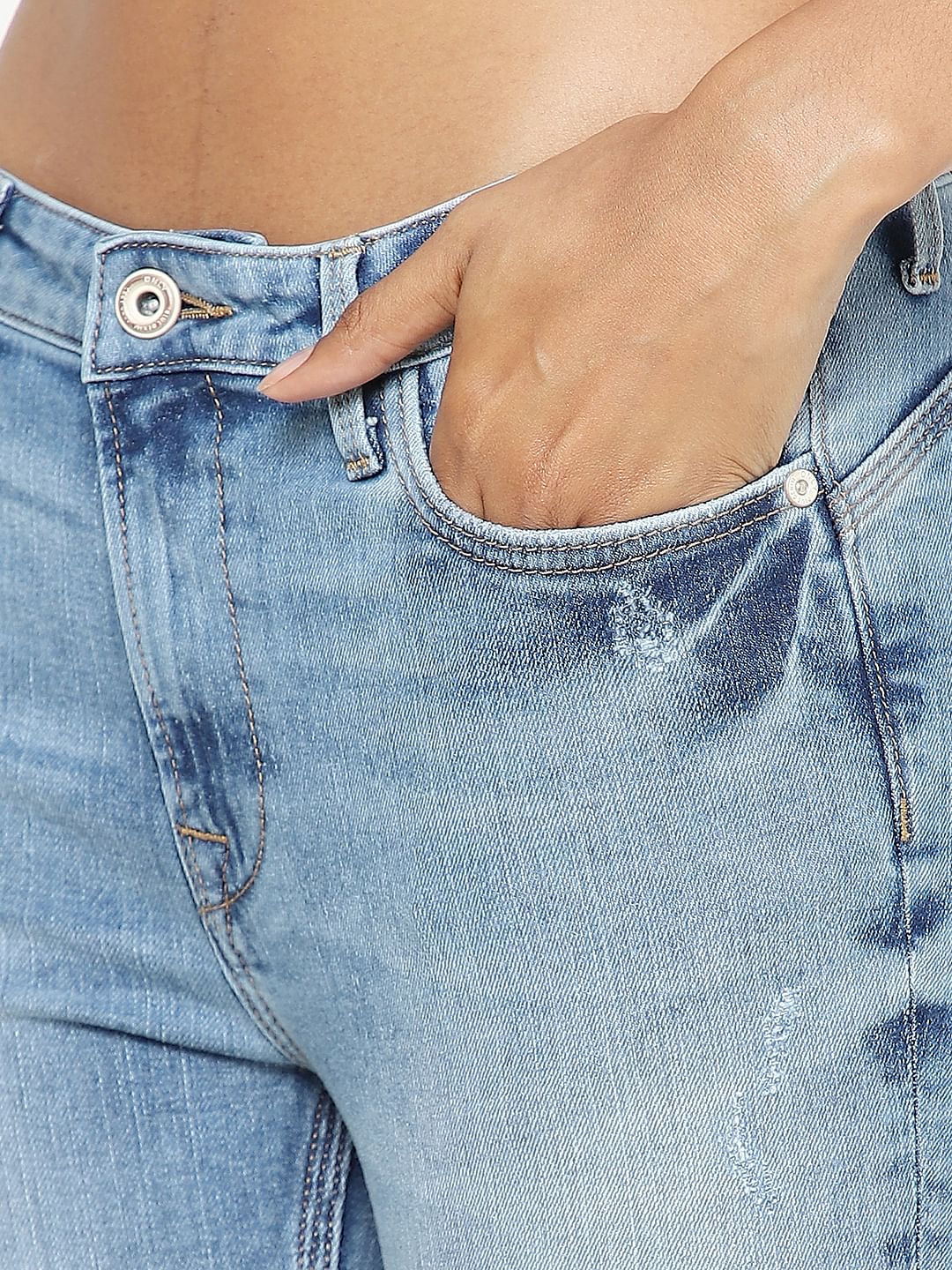 Blue Mid Rise Ripped Skinny Jeans