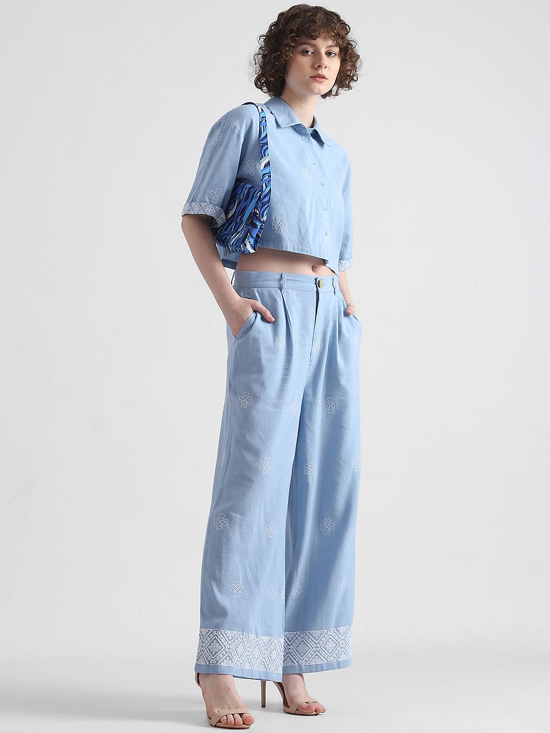 Blue Mid Rise Embroidered Pants