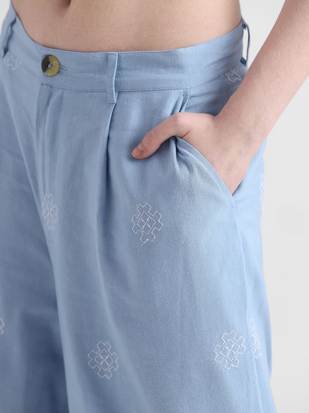 Blue Mid Rise Embroidered Pants