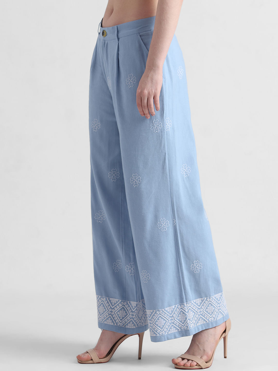 Blue Mid Rise Embroidered Pants