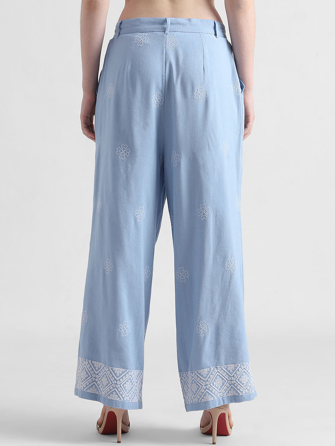 Blue Mid Rise Embroidered Pants