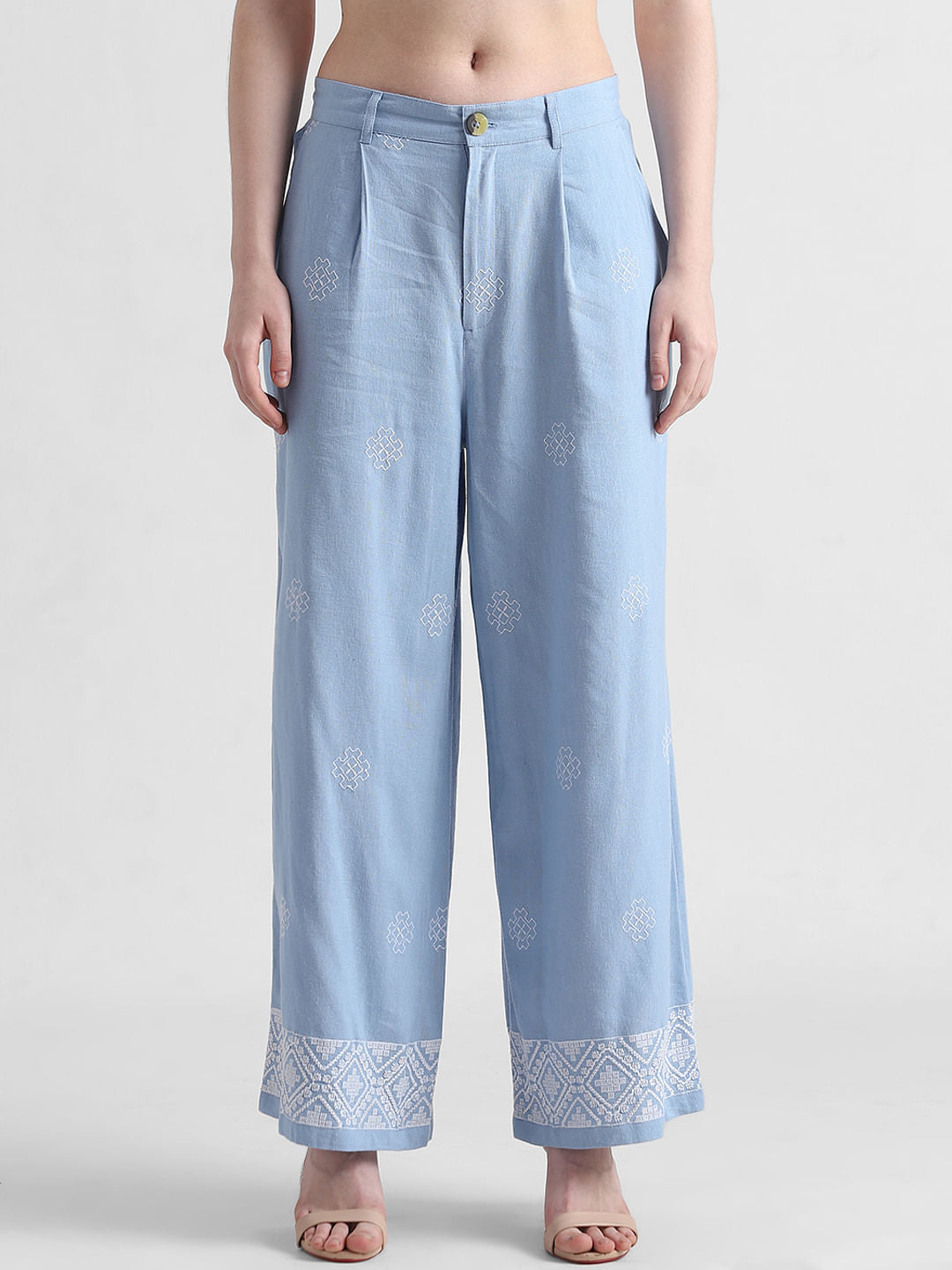 Blue Mid Rise Embroidered Pants