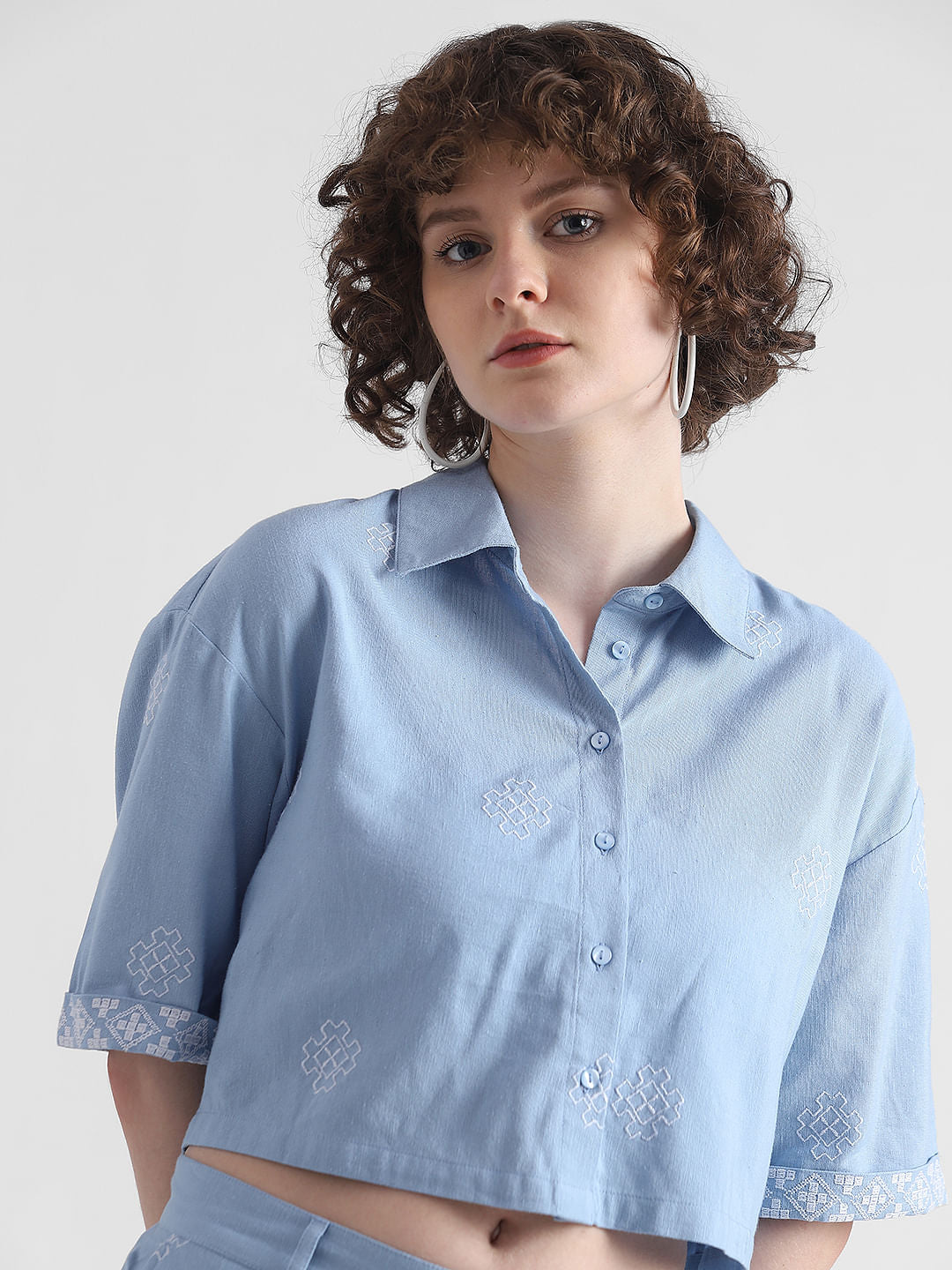 Blue Embroidered Cropped Shirt