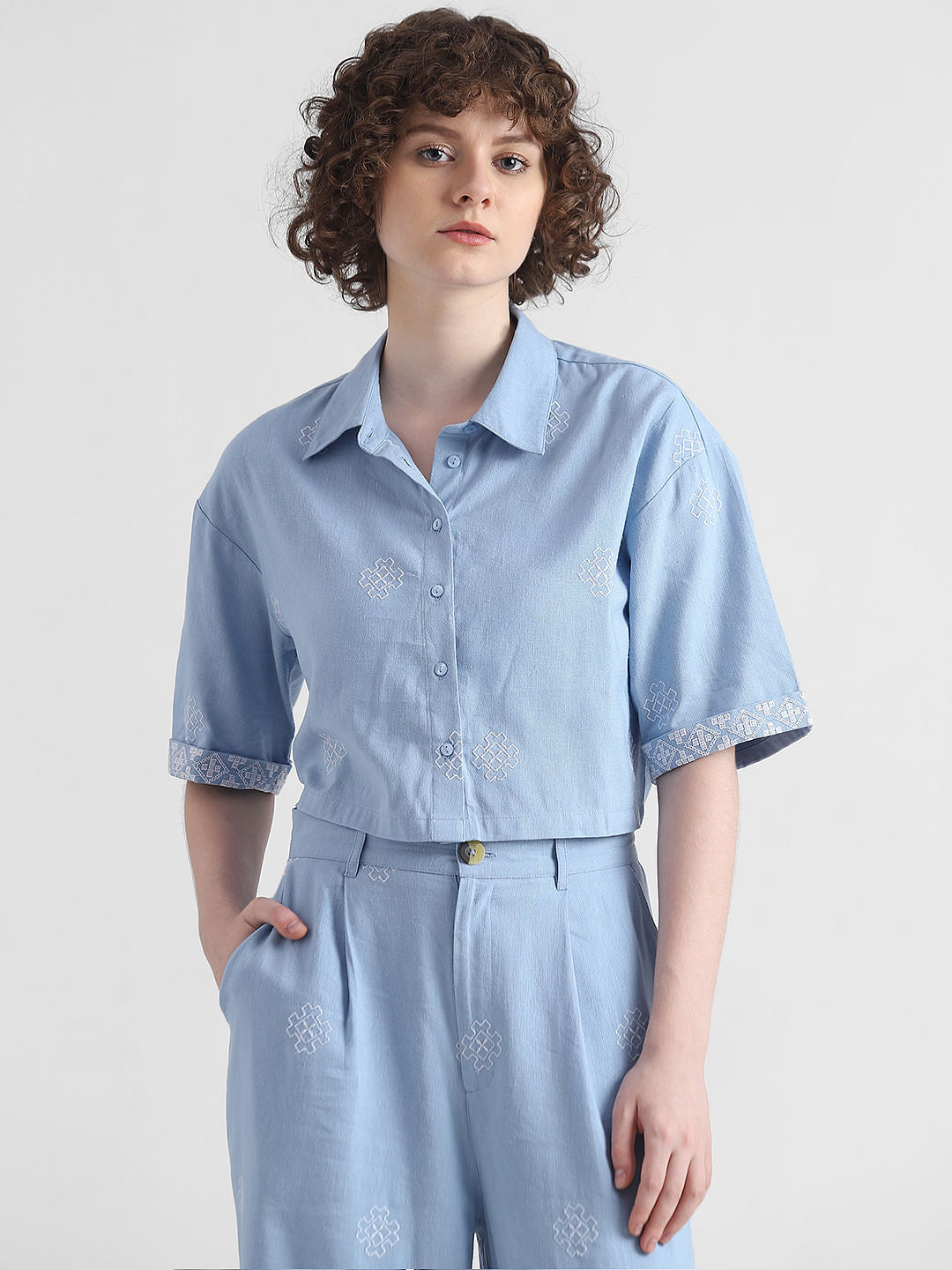 Blue Embroidered Cropped Shirt