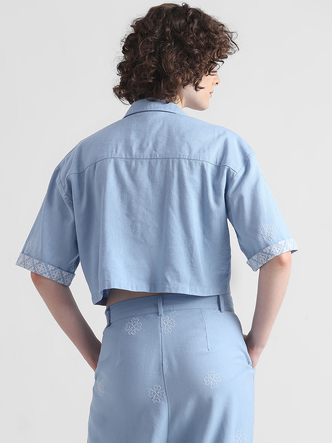 Blue Embroidered Cropped Shirt
