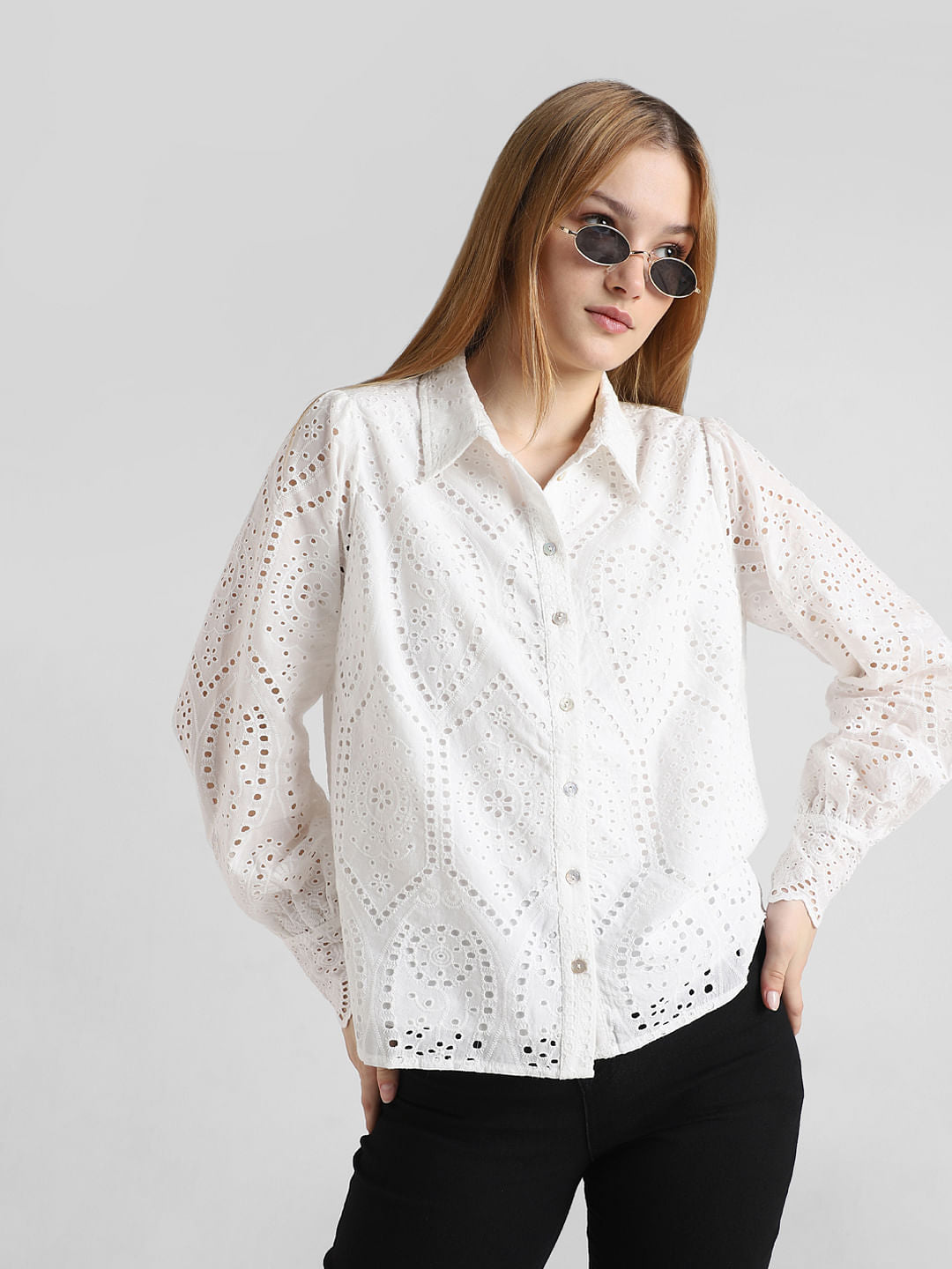 White Cut-Work Schiffli Shirt