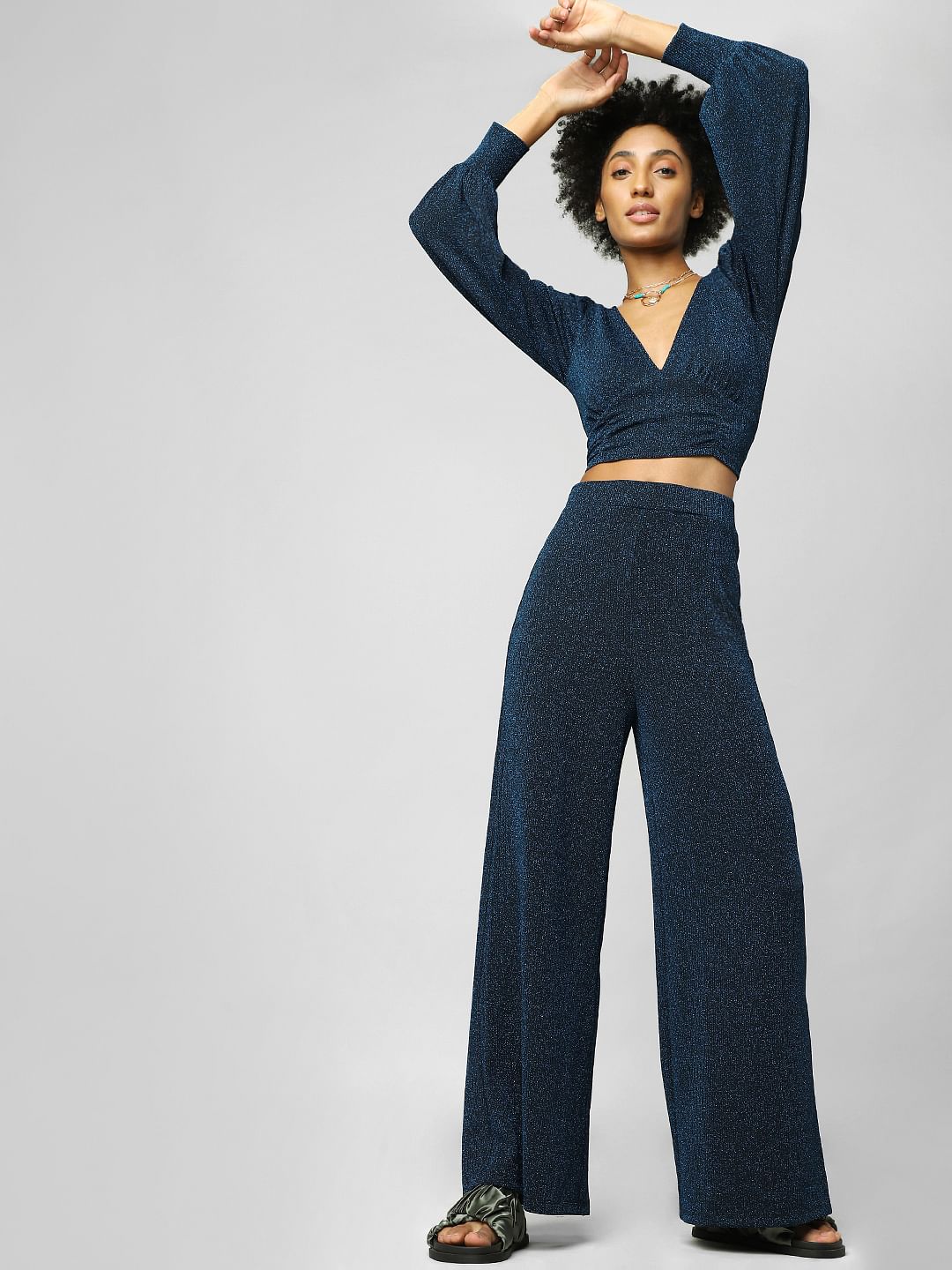 Navy Blue Glitter Wide Leg Co-Ord Pants