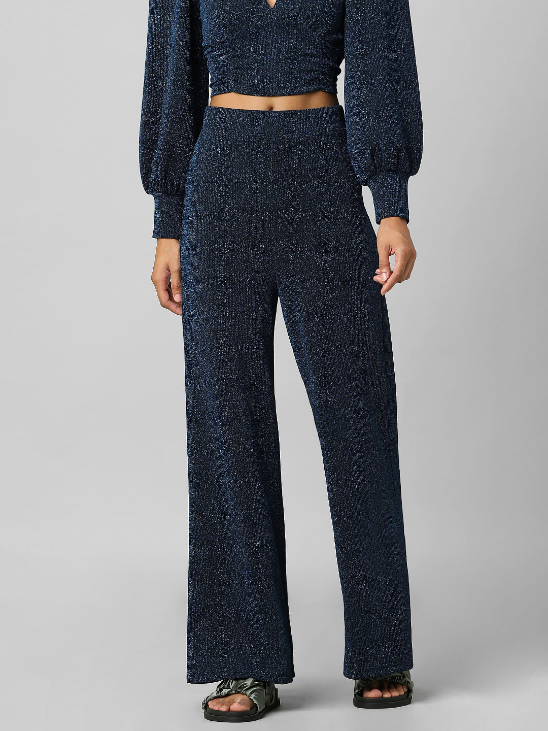 Navy Blue Glitter Wide Leg Co-Ord Pants