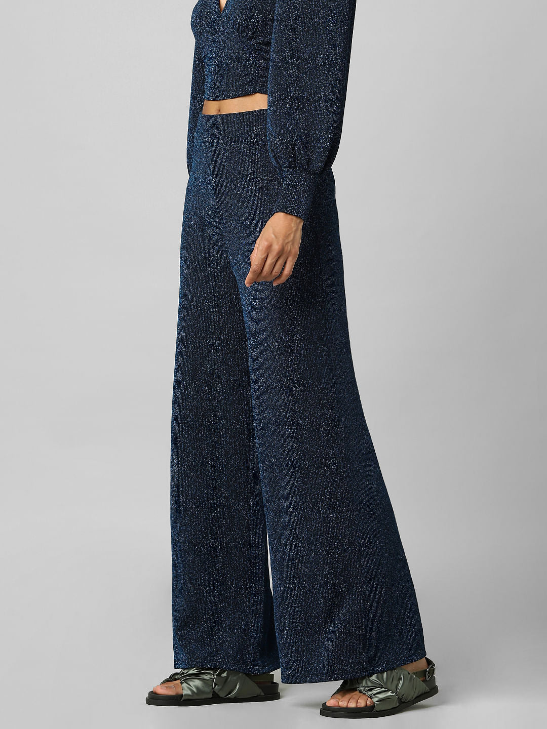Navy Blue Glitter Wide Leg Co-Ord Pants