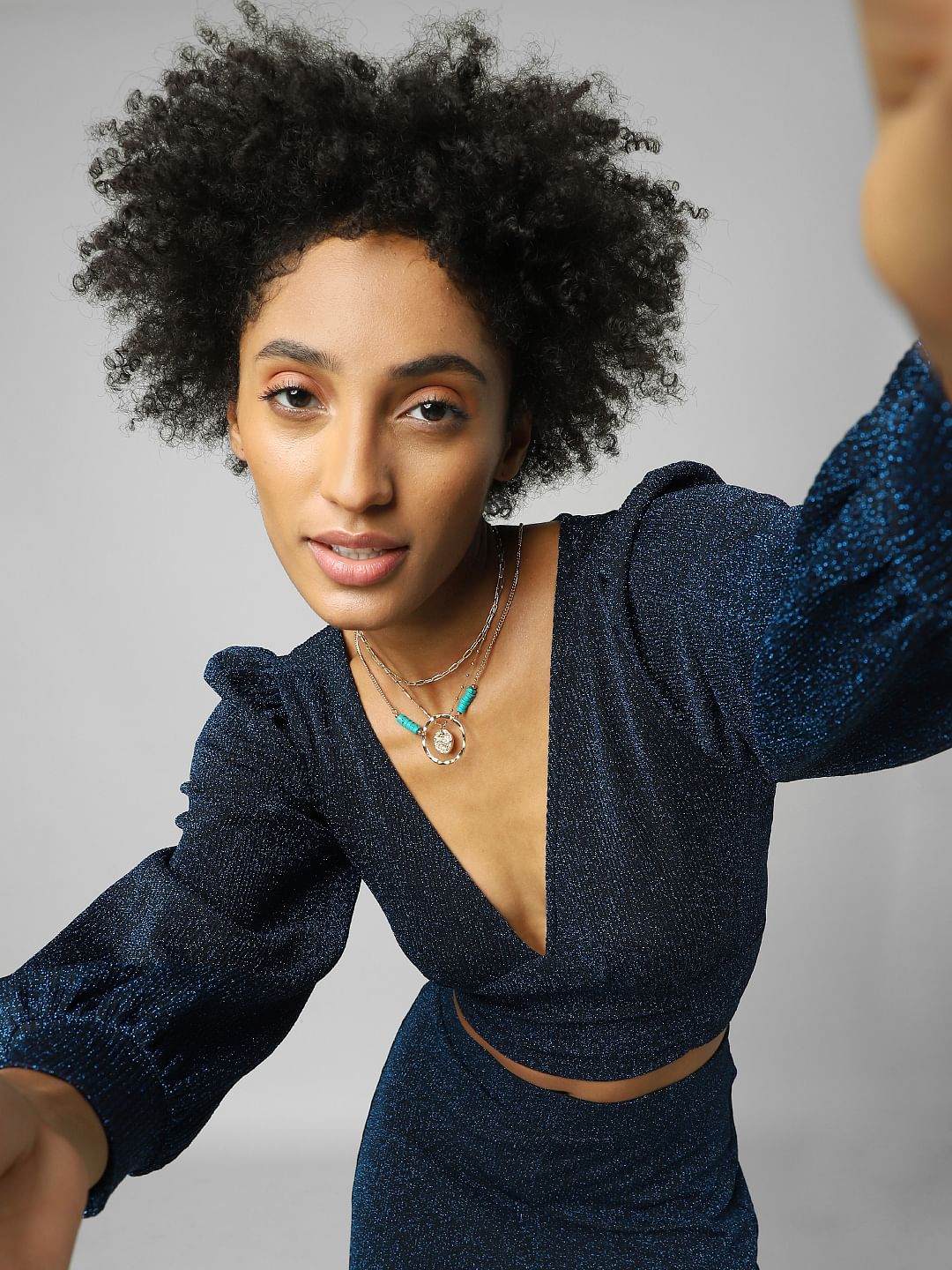 Navy Blue Glitter Co-Ord V-Neck Top