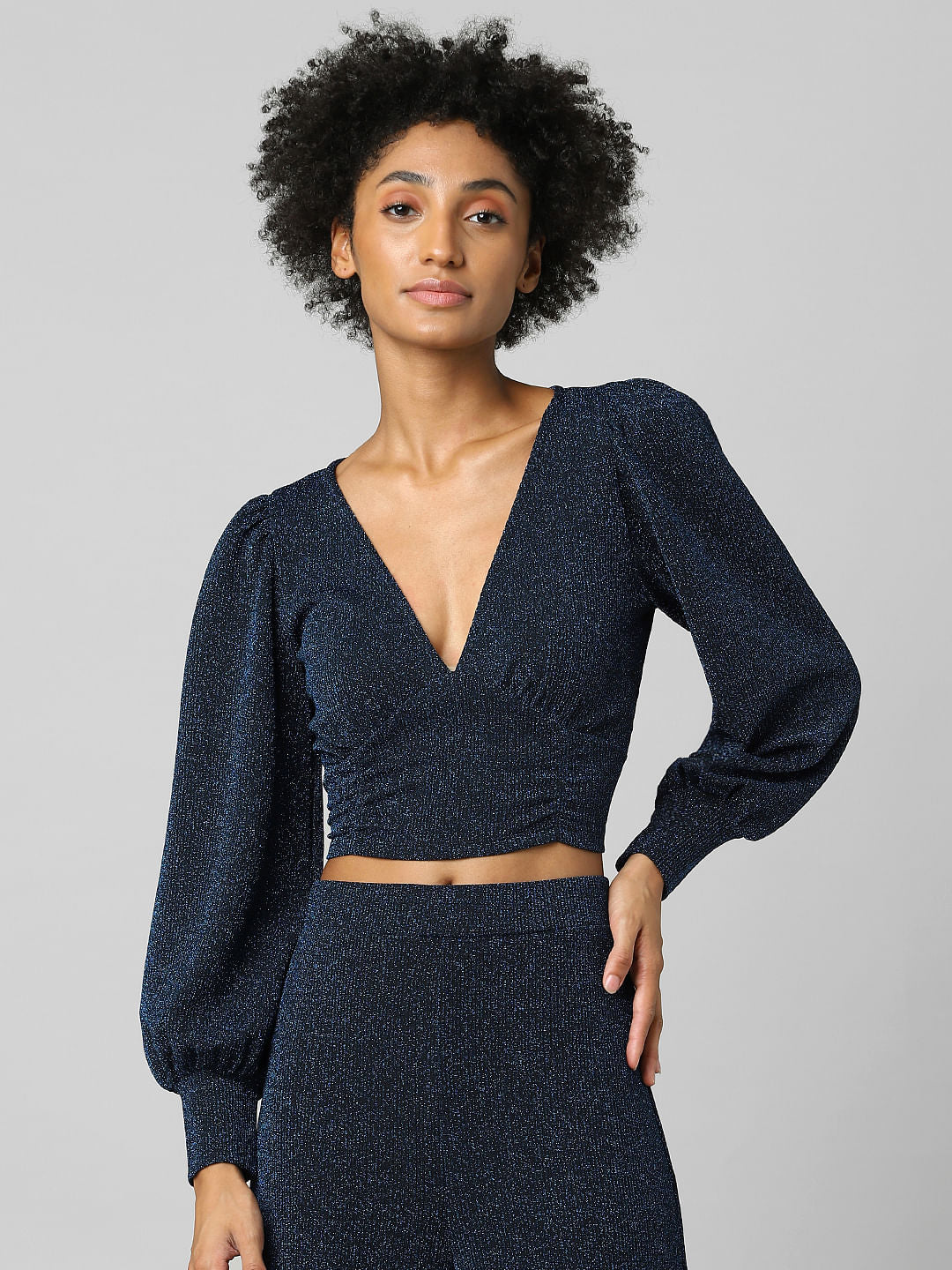 Navy Blue Glitter Co-Ord V-Neck Top
