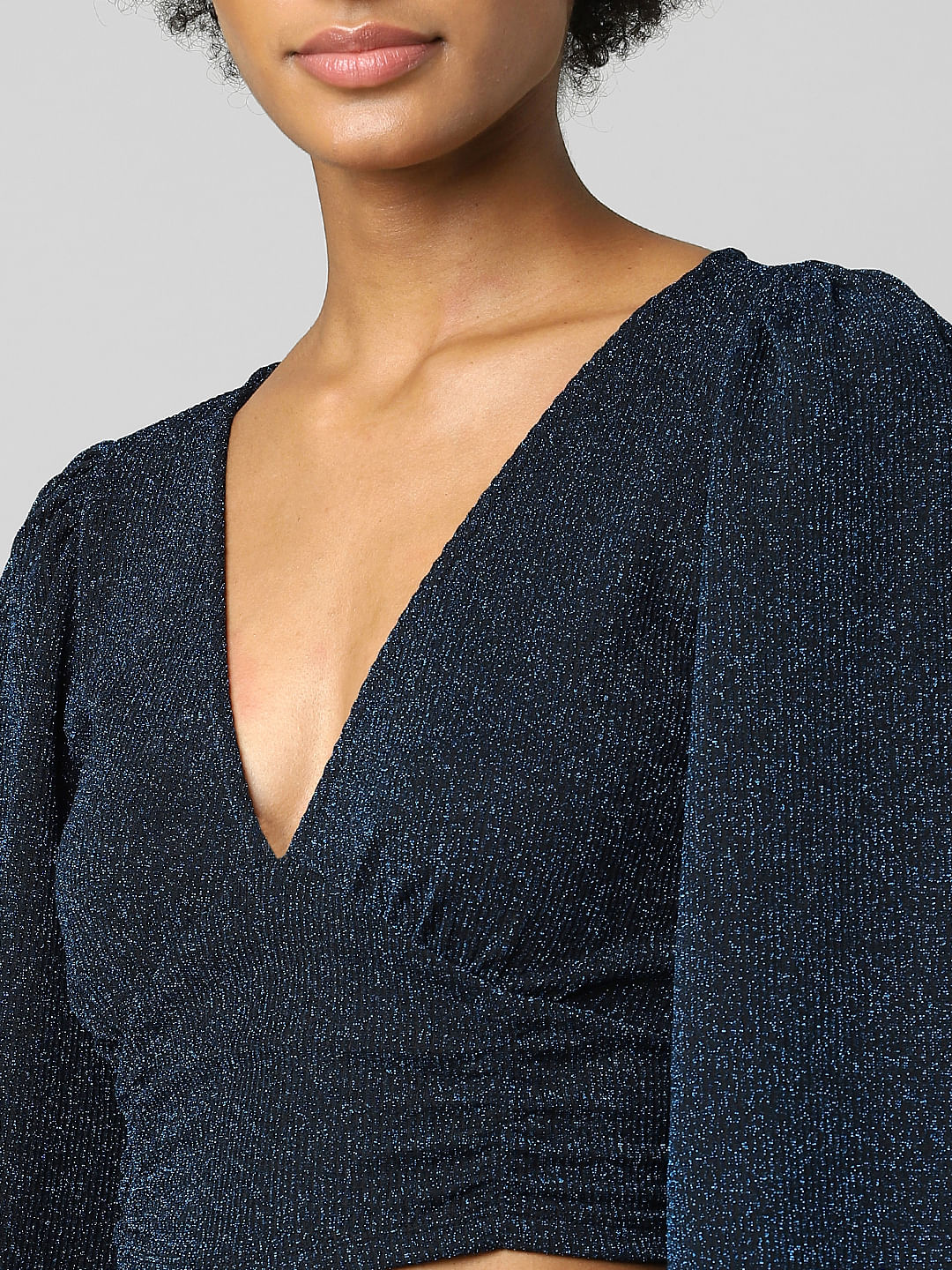 Navy Blue Glitter Co-Ord V-Neck Top