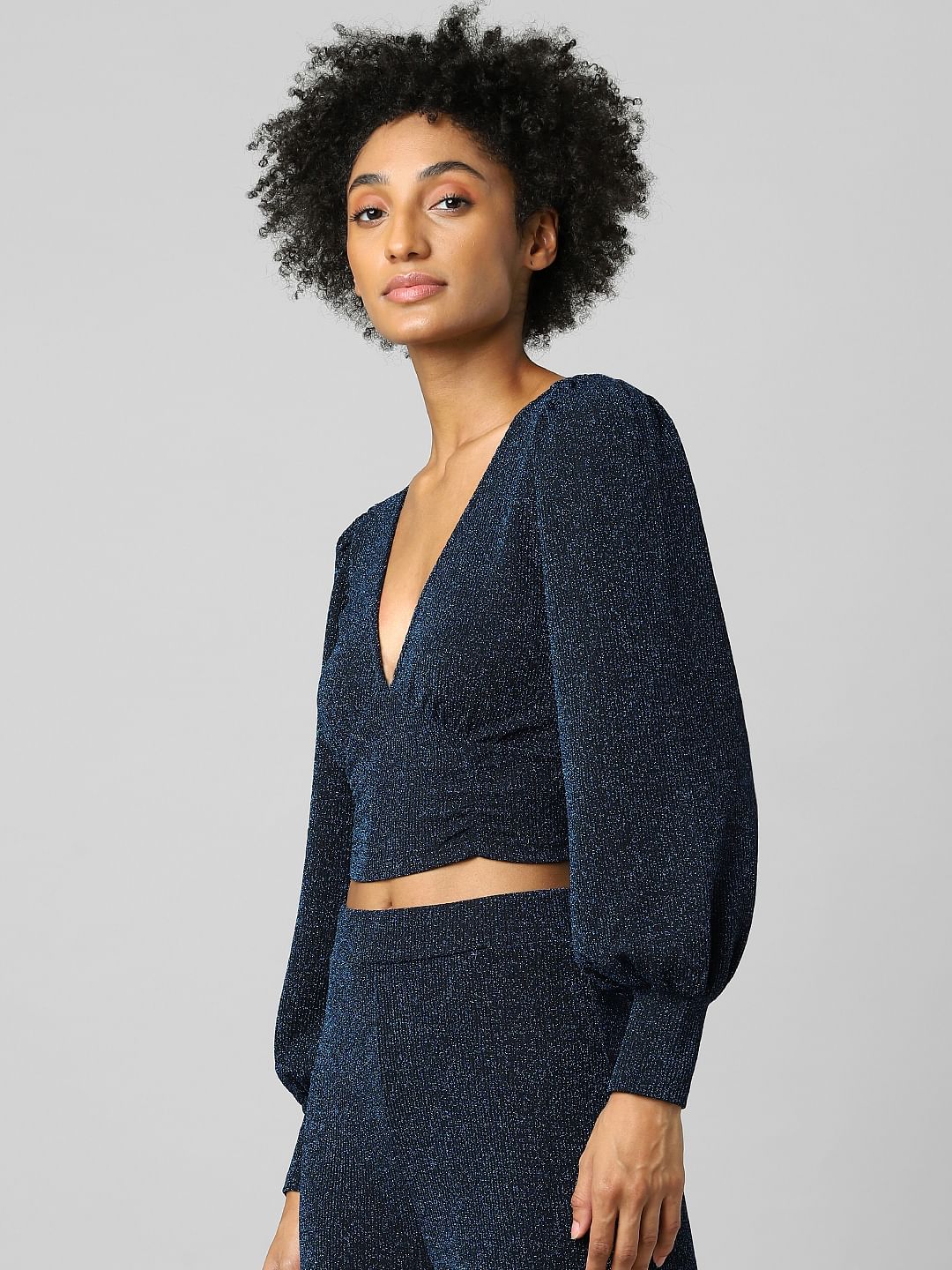 Navy Blue Glitter Co-Ord V-Neck Top