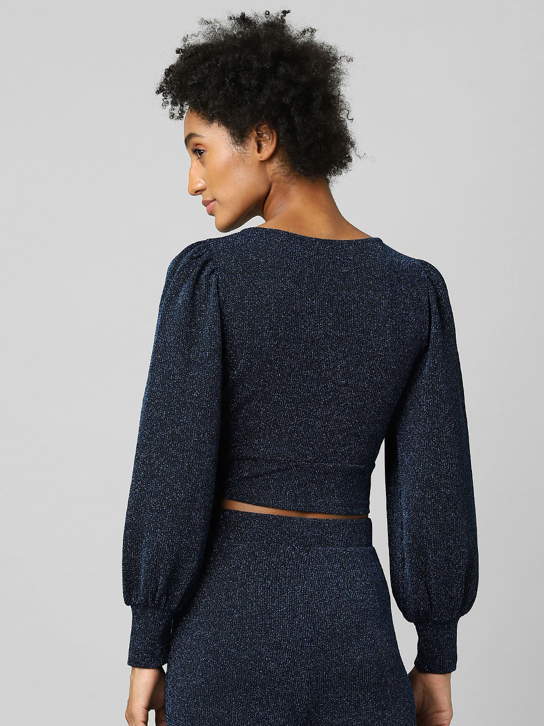 Navy Blue Glitter Co-Ord V-Neck Top