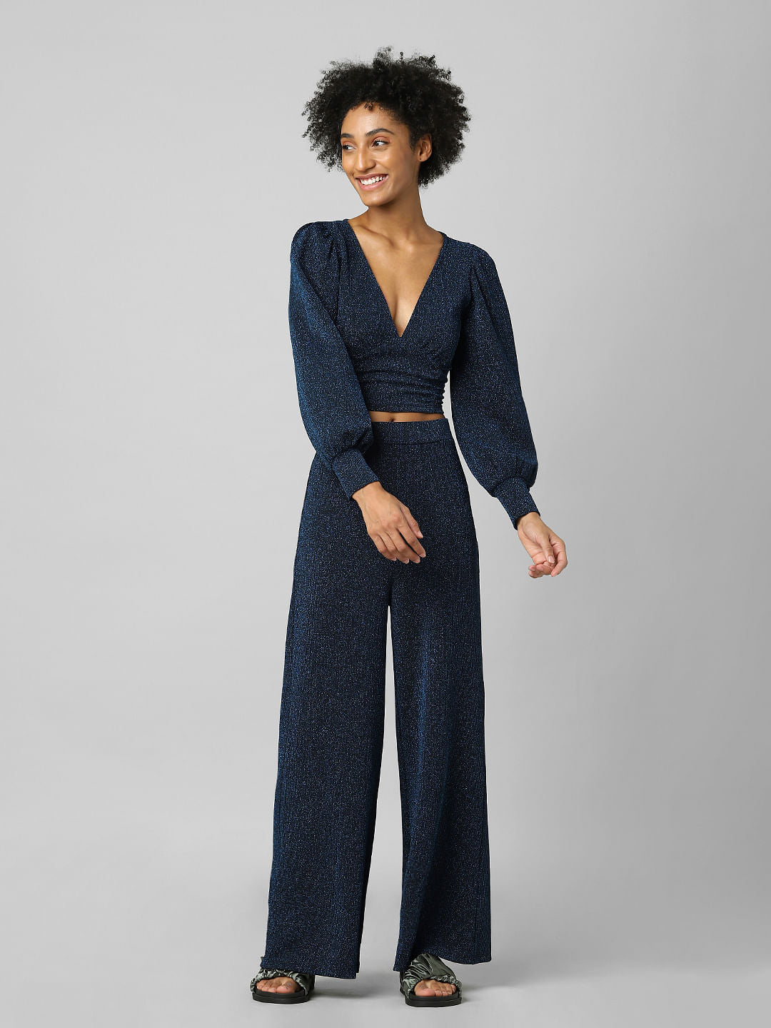 Navy Blue Glitter Co-Ord V-Neck Top