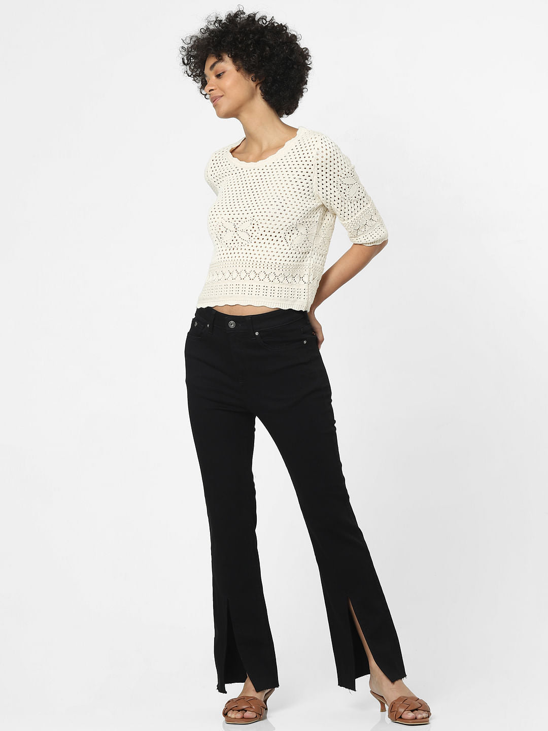 Beige Pointelle Knit Top