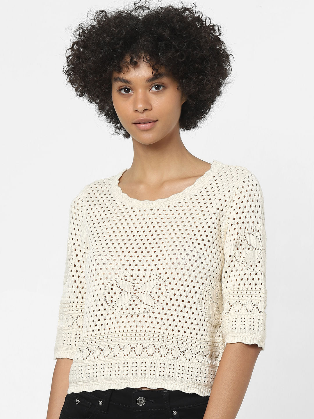 Beige Pointelle Knit Top
