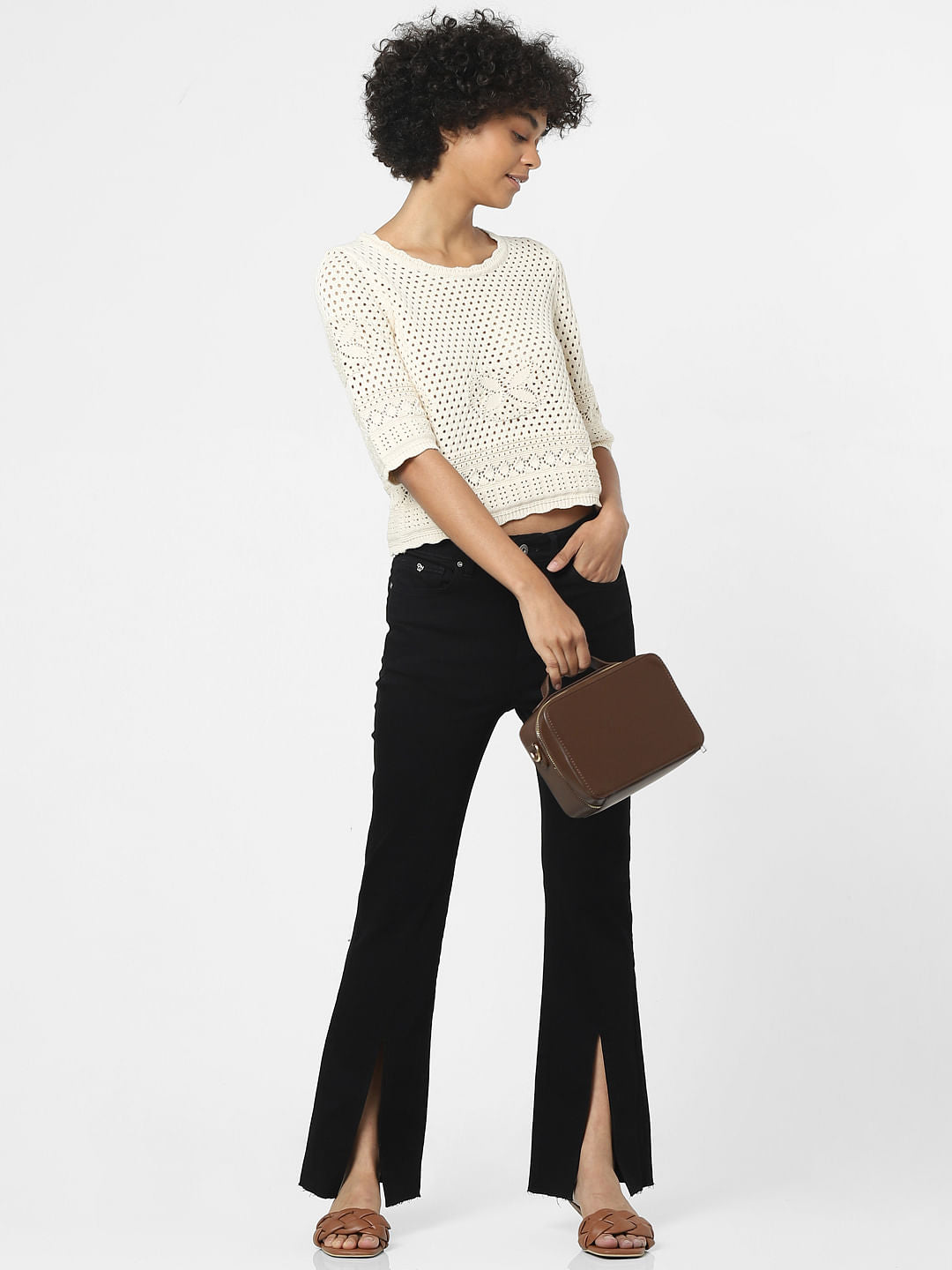 Beige Pointelle Knit Top