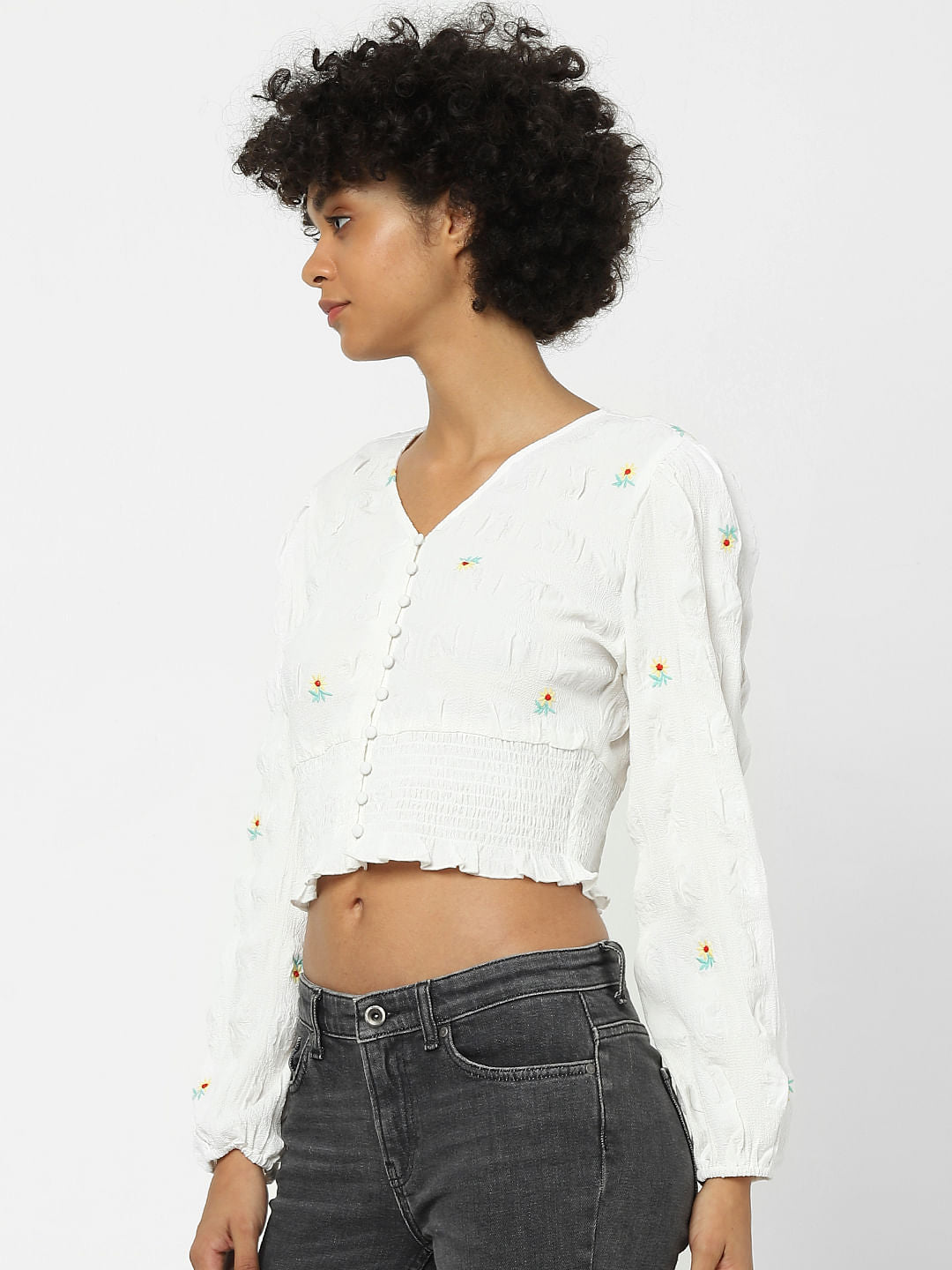 White Embroidered Cropped Top