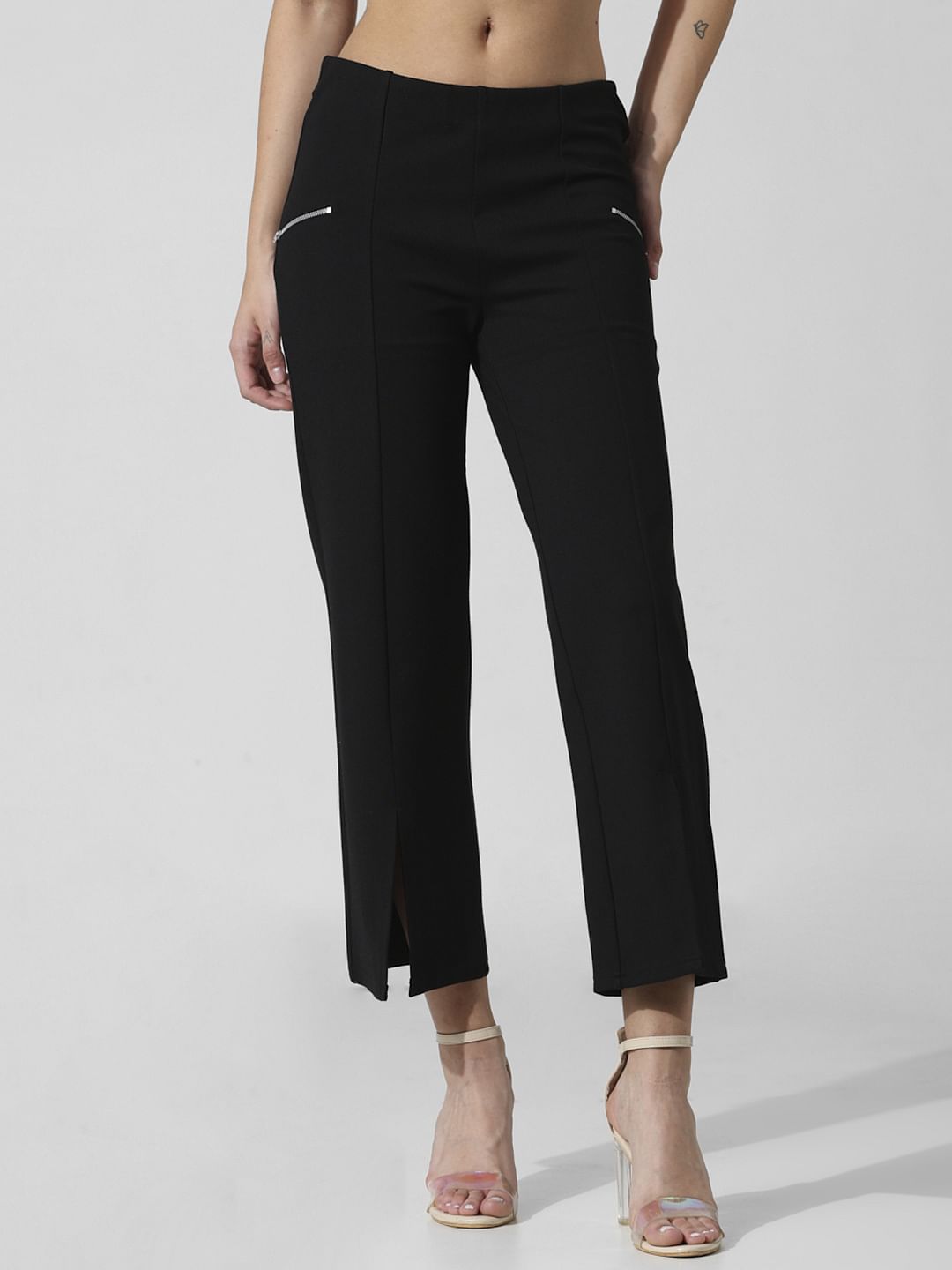 Black Mid Rise Slit-Hem Leggings