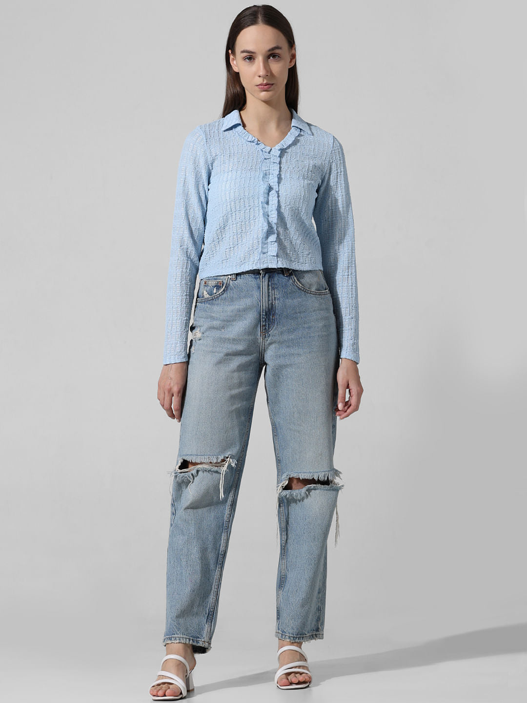 Blue Crinkled Frill Front Shirt